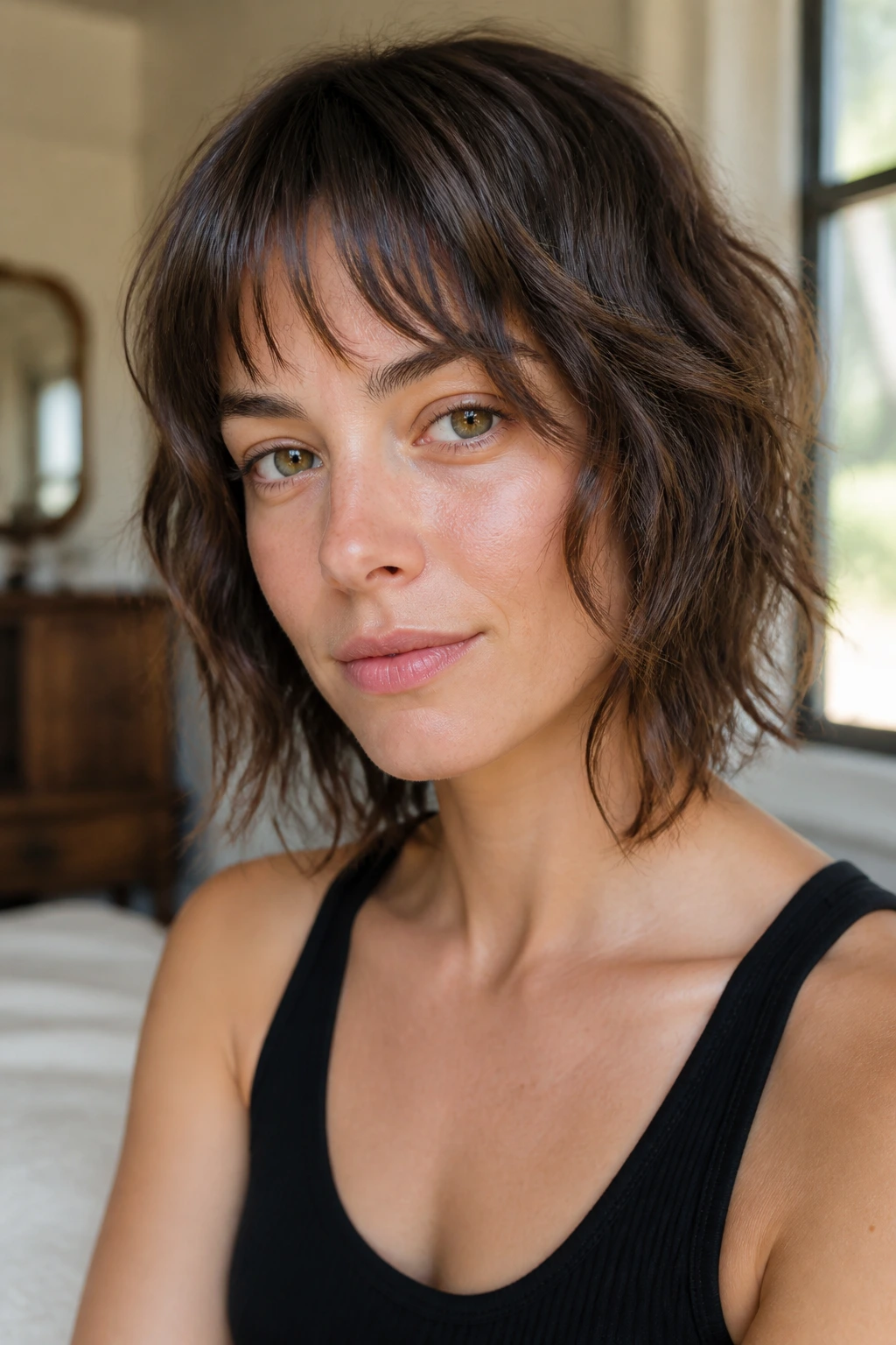 Portrait of a real person with short shag bangs looking better on day two