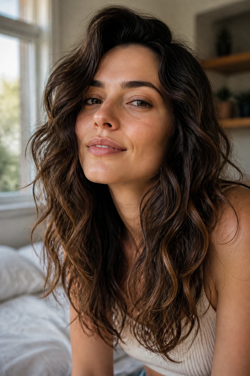 Close-up portrait of a real person with day-two thick wavy hair