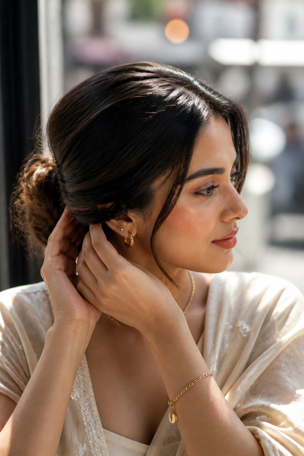 Woman adjusting a polished hairstyle at a sunlit cafe window