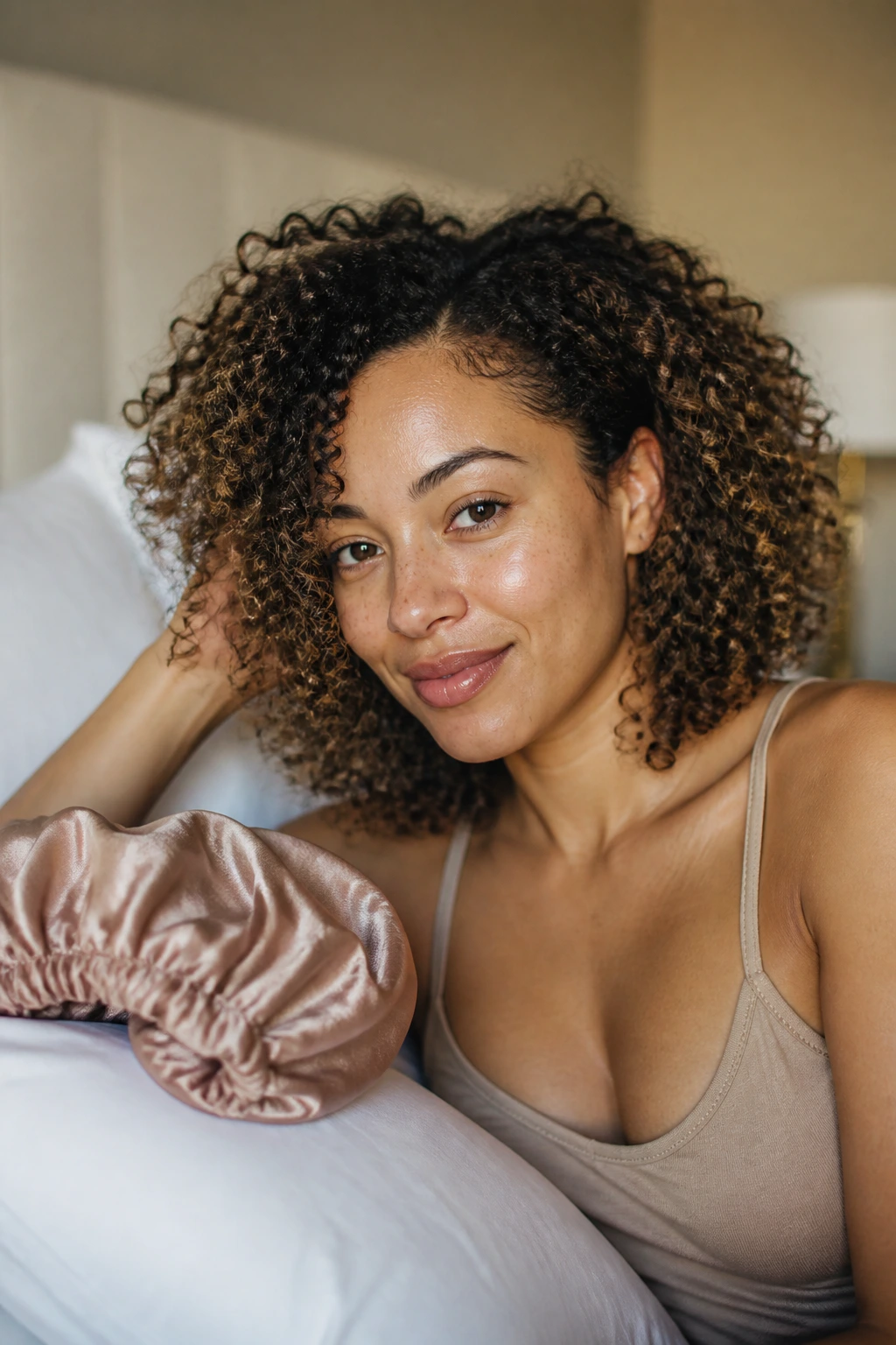 Close-up of a real woman with refreshed curls on day two, satin bonnet in a cozy bedroom.