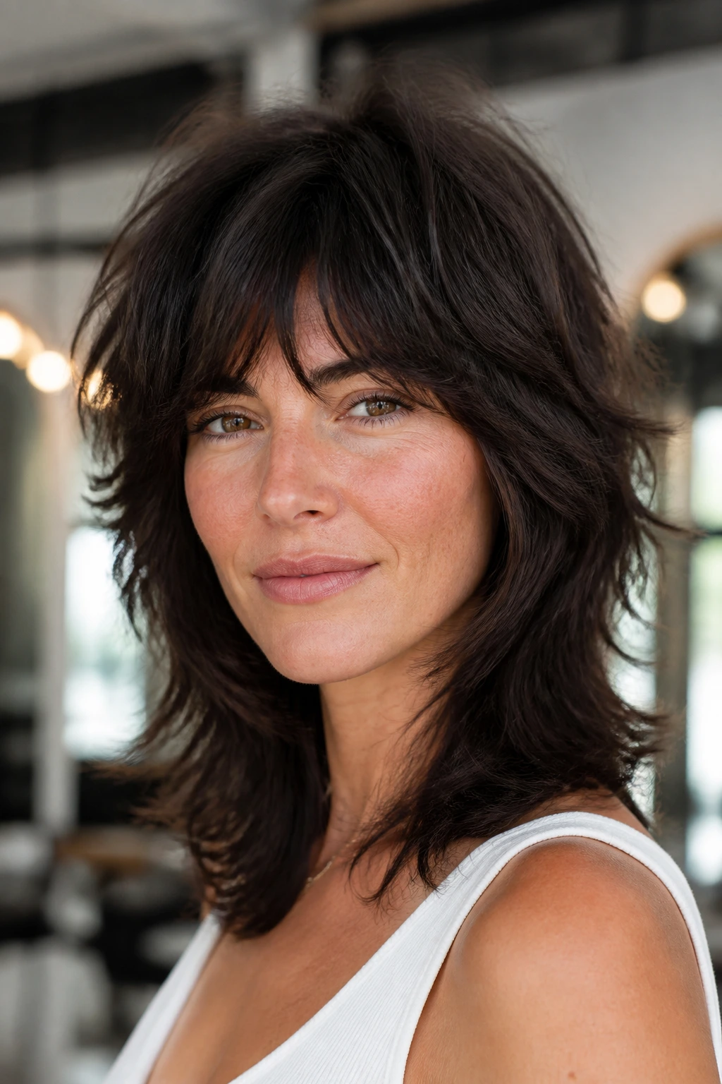 Close-up portrait of a woman with thick-hair de-bulk shag and lifted crown