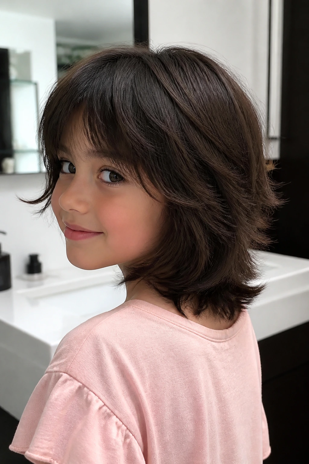 Close-up of a real child with De-Bulked Shag for Thick Hair showing interior weight removal
