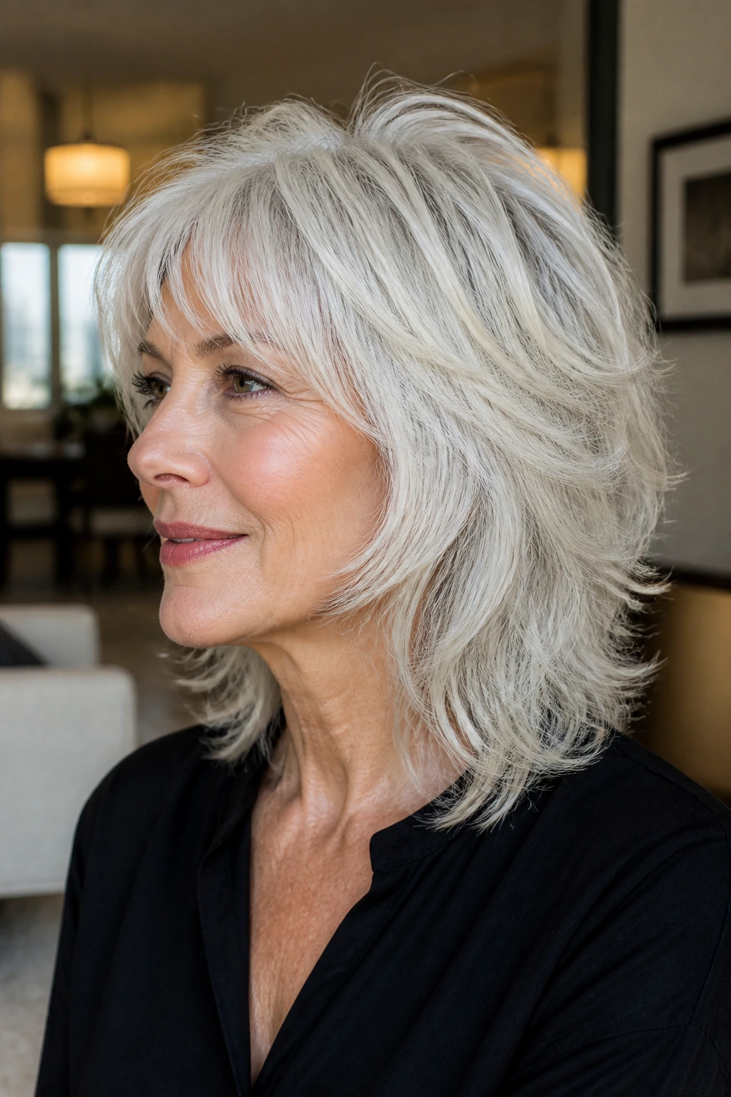 Real woman with platinum thick-hair de-bulked wolf cut, close-up portrait