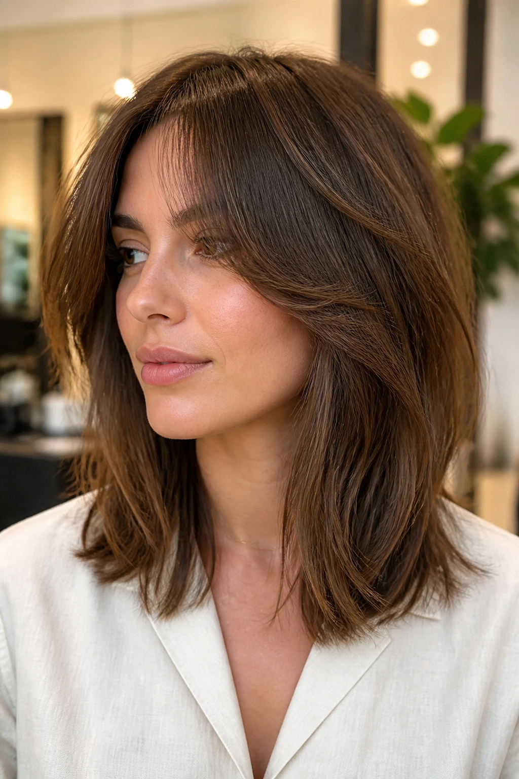 Close-up of a real woman with a de-bulked long bob for thick hair in a salon