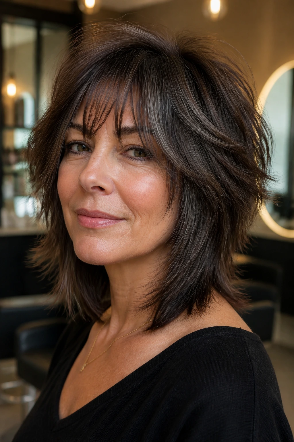 Portrait of woman with heavy-density debulking shag and face-framing layers.
