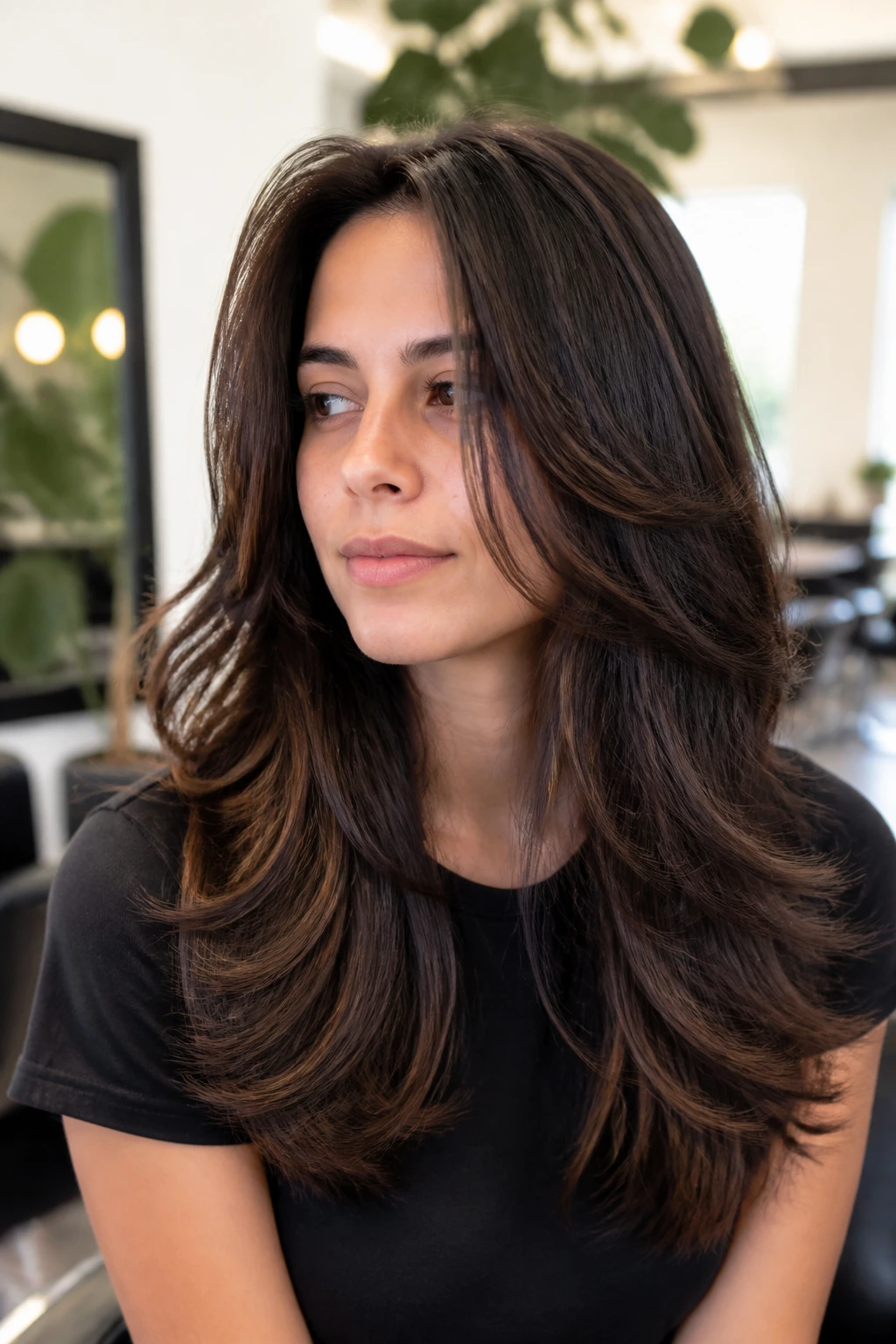 Close-up of a real woman with Debulked Thick-Hair Layers showing lighter interior weight