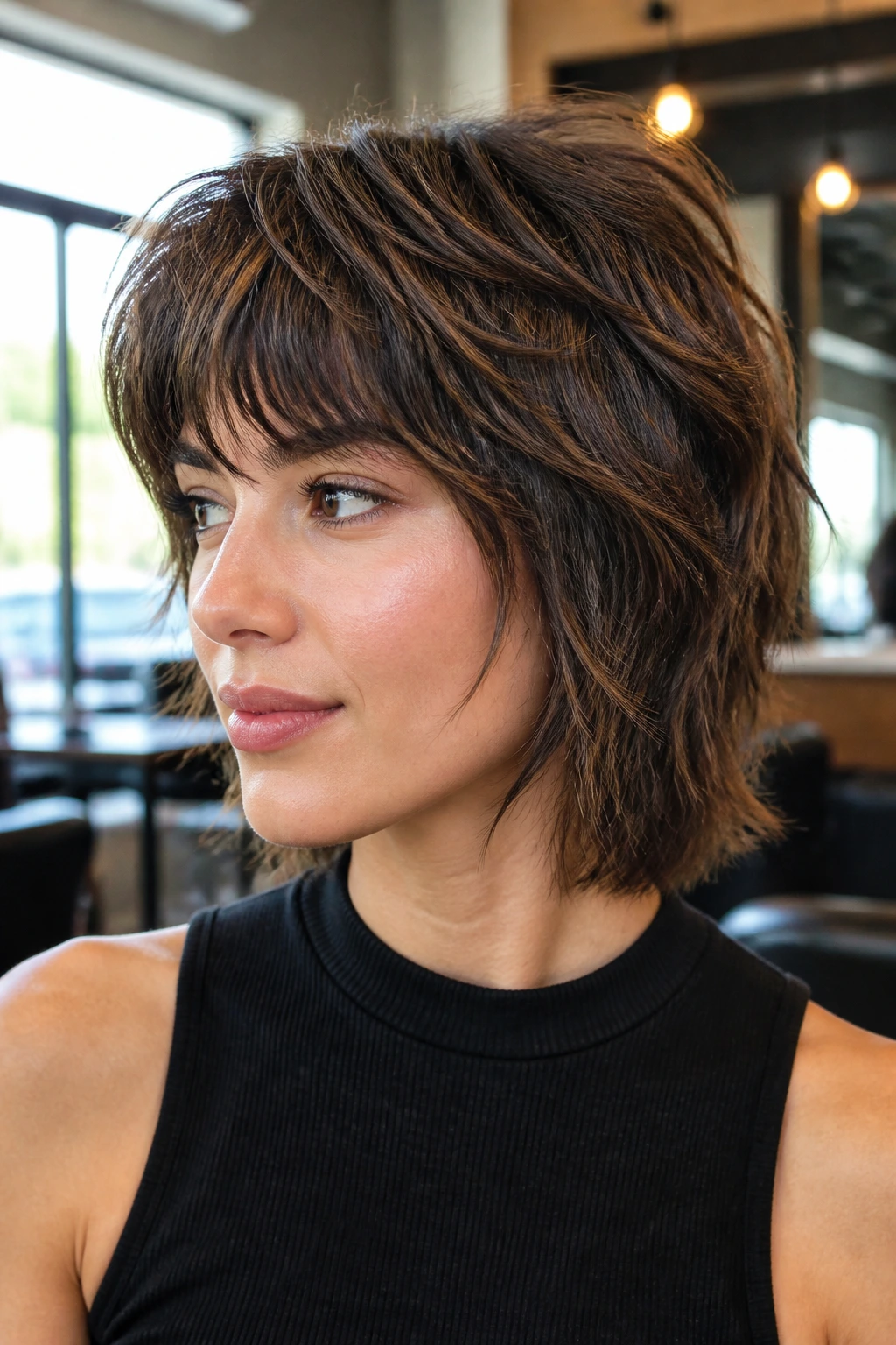 Close-up portrait of a real person with debulked shag for thick hair in a salon