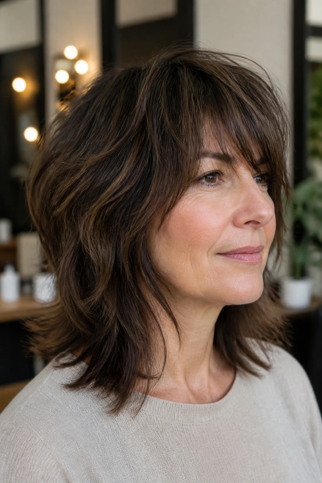 Close-up portrait of a real woman with a debulked thick-hair shag