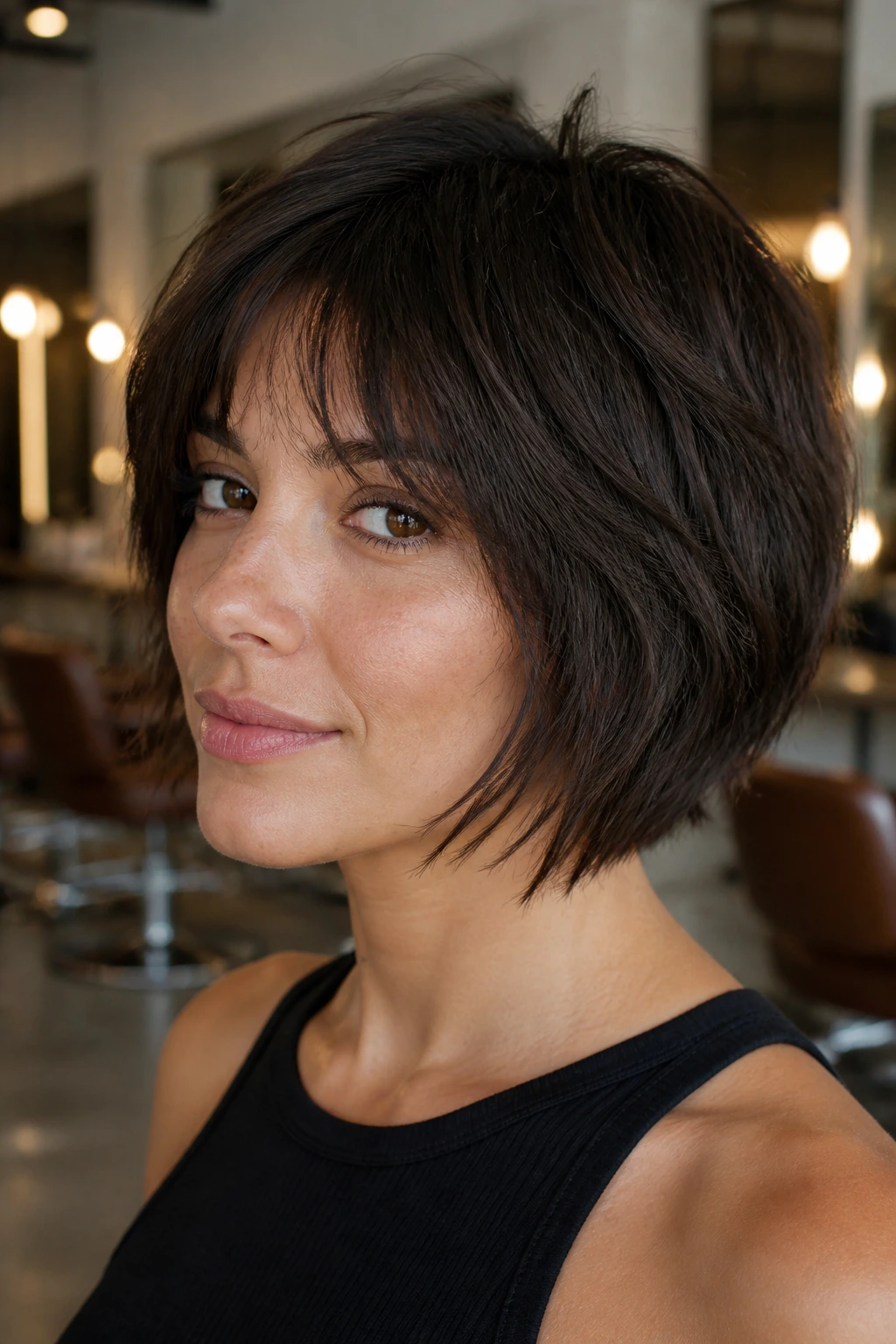 Close-up portrait of a real woman with a deconstructed bob shag