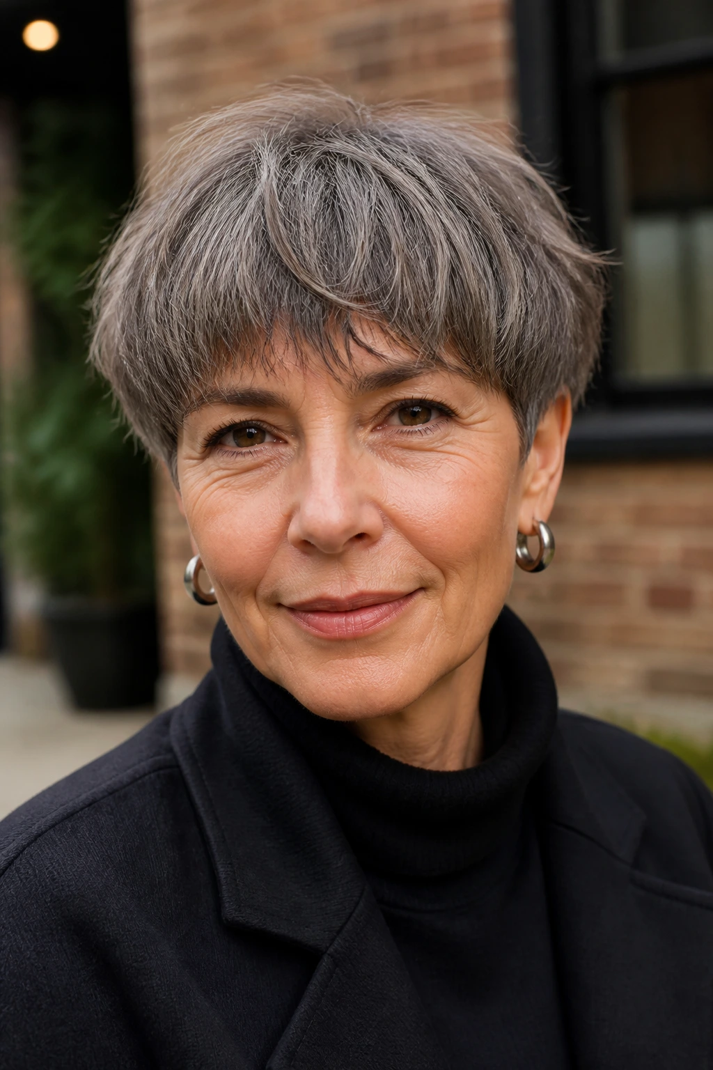 Close-up portrait of a real woman with a deconstructed bowl cut