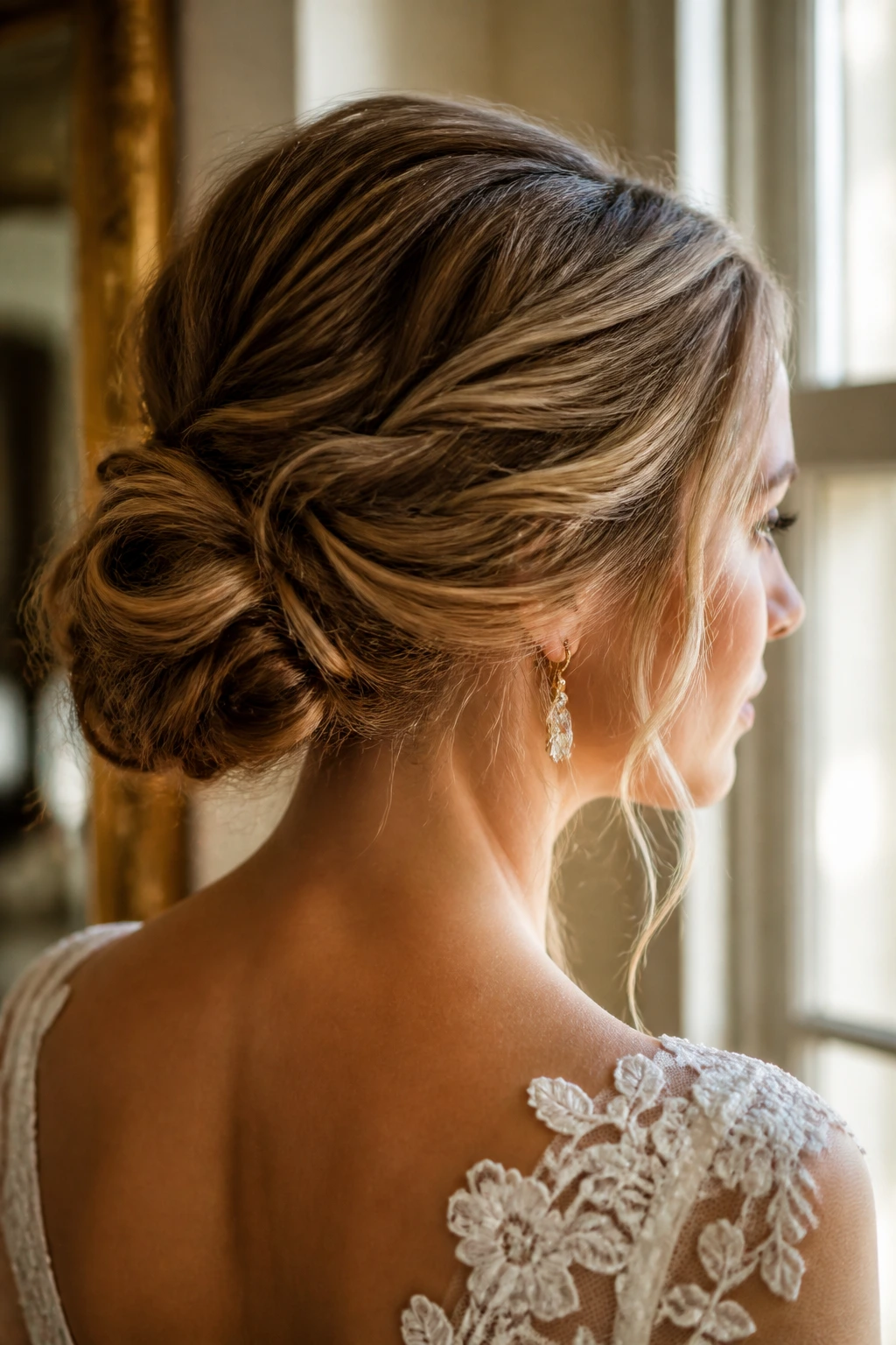 Close-up of Deconstructed Chignon on a real bride with irregular folds