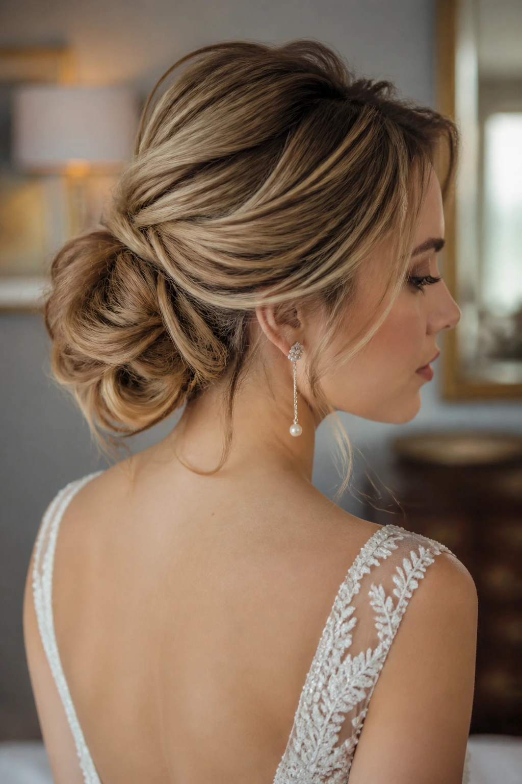 Bride with deconstructed chignon in elegant room