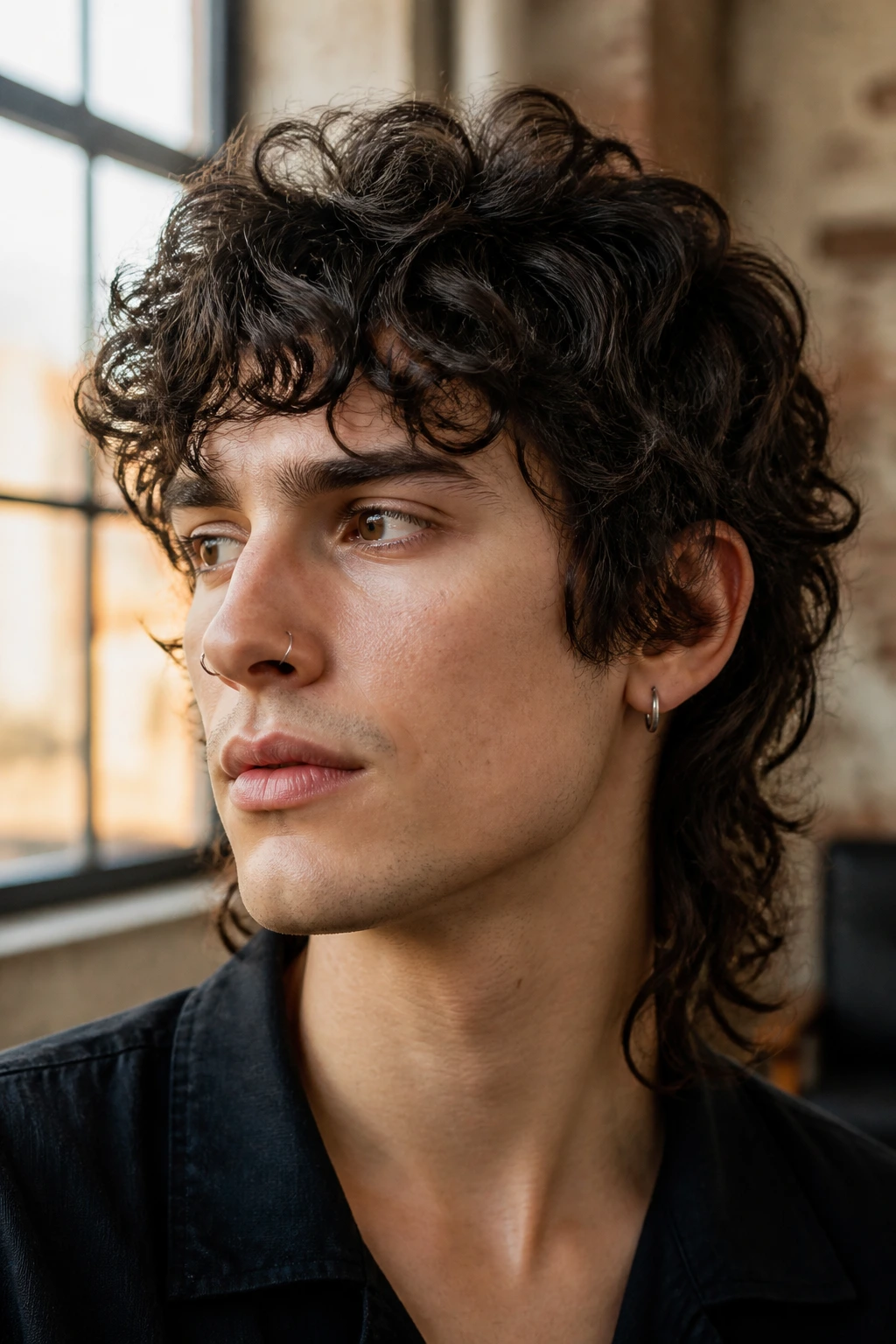Close-up portrait of a real person with deconstructed curly shag mullet in warm loft light