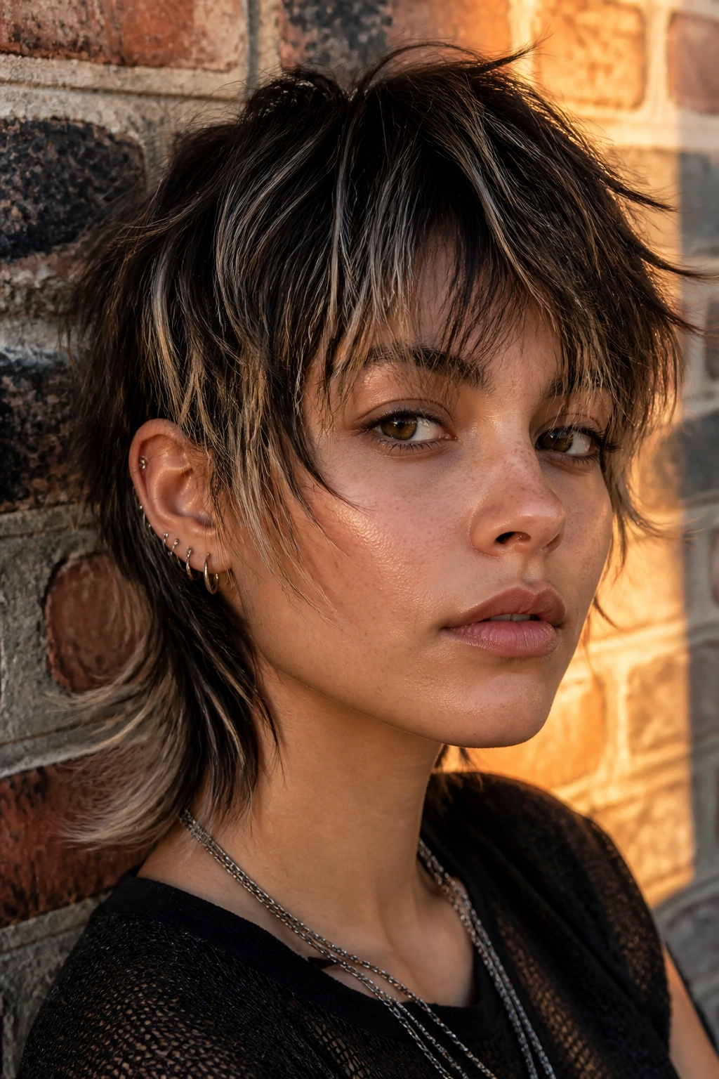 Close-up of a real person with a deconstructed mullet pixie and feathered bangs