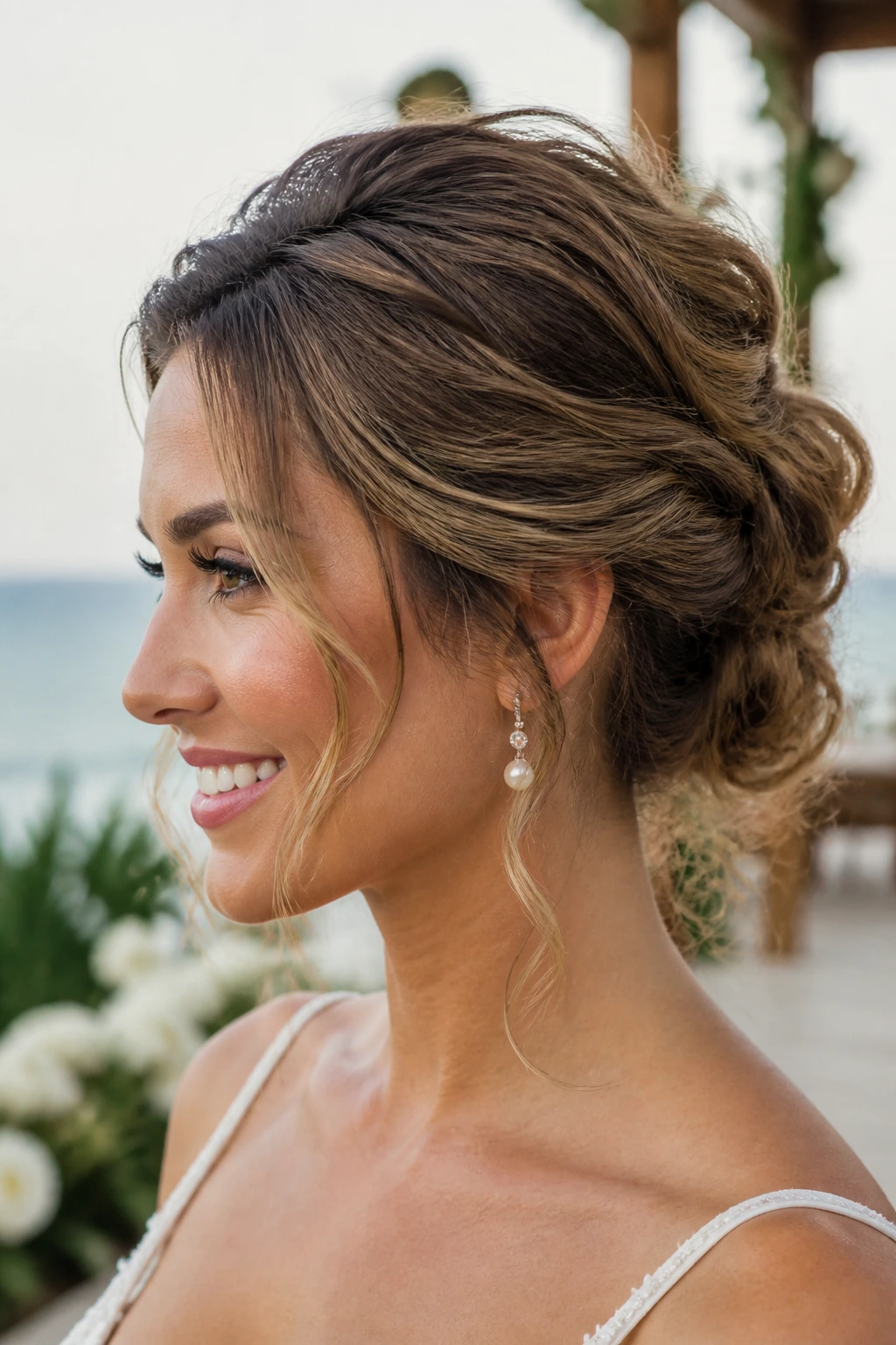 Close-up of a real person with a deconstructed updo and tendrils around the face