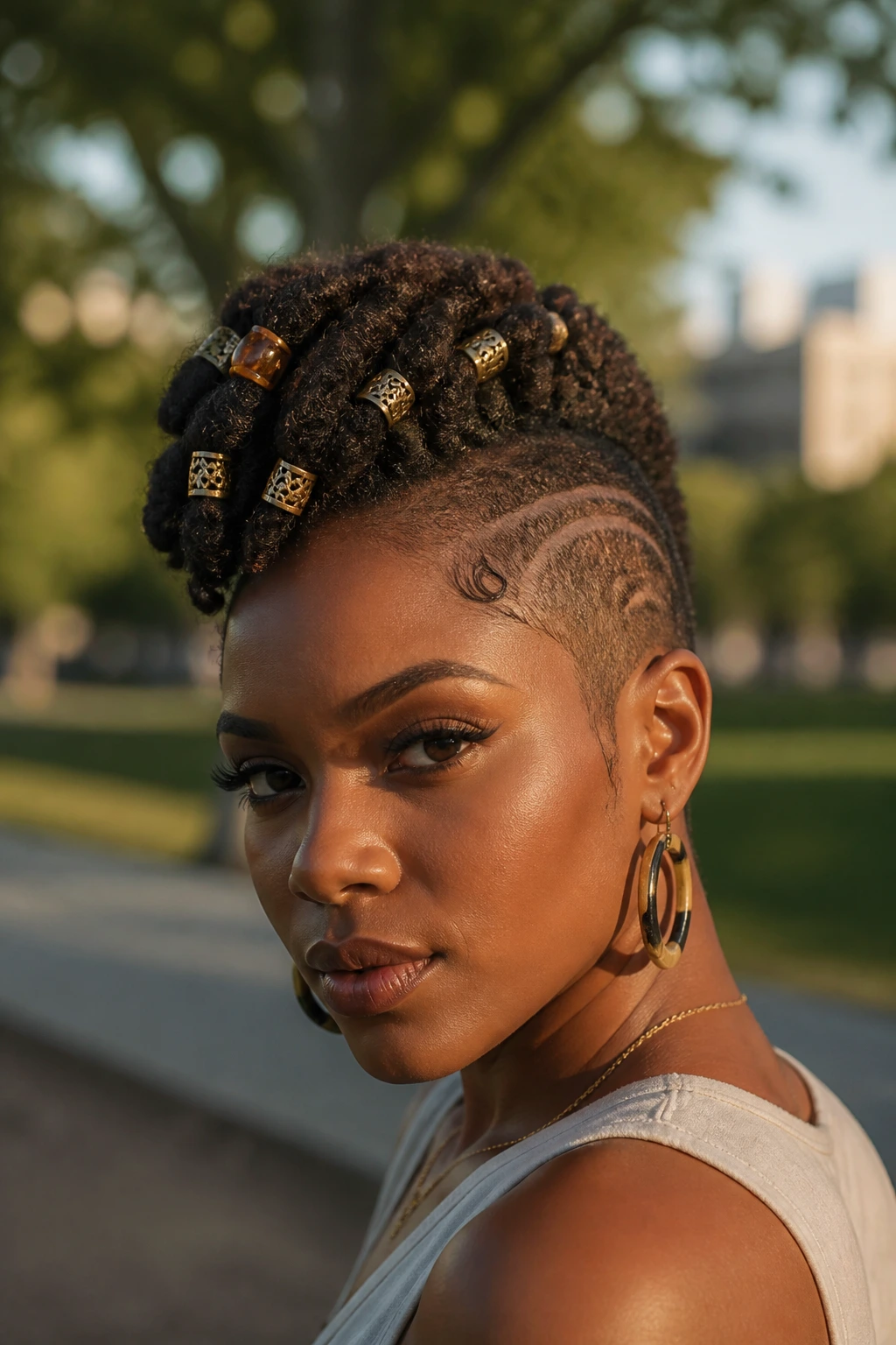 Decorated frohawk with beads and cuffs on real hair in golden hour light