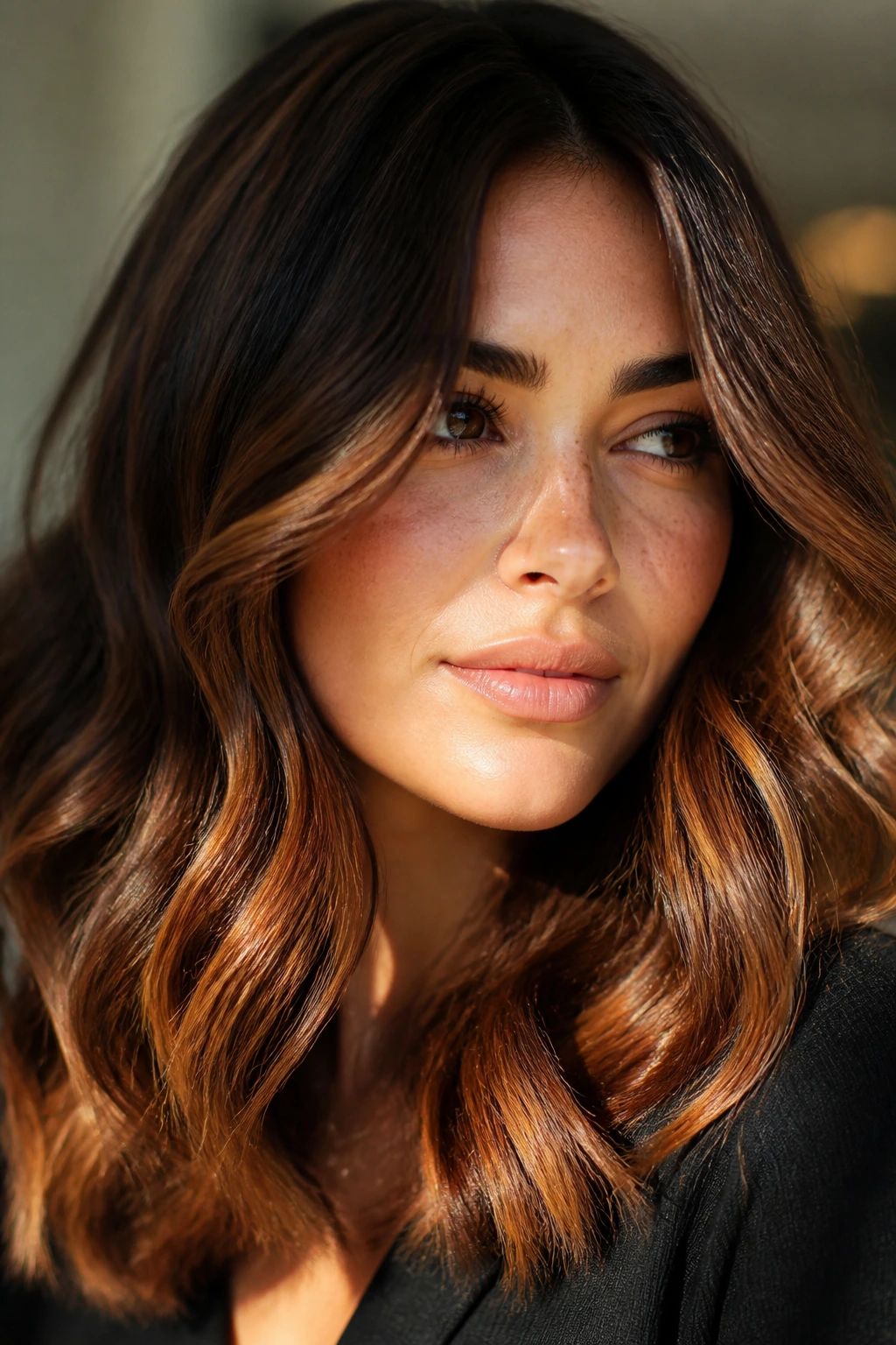 Portrait of a real woman with deep amber brunette hair