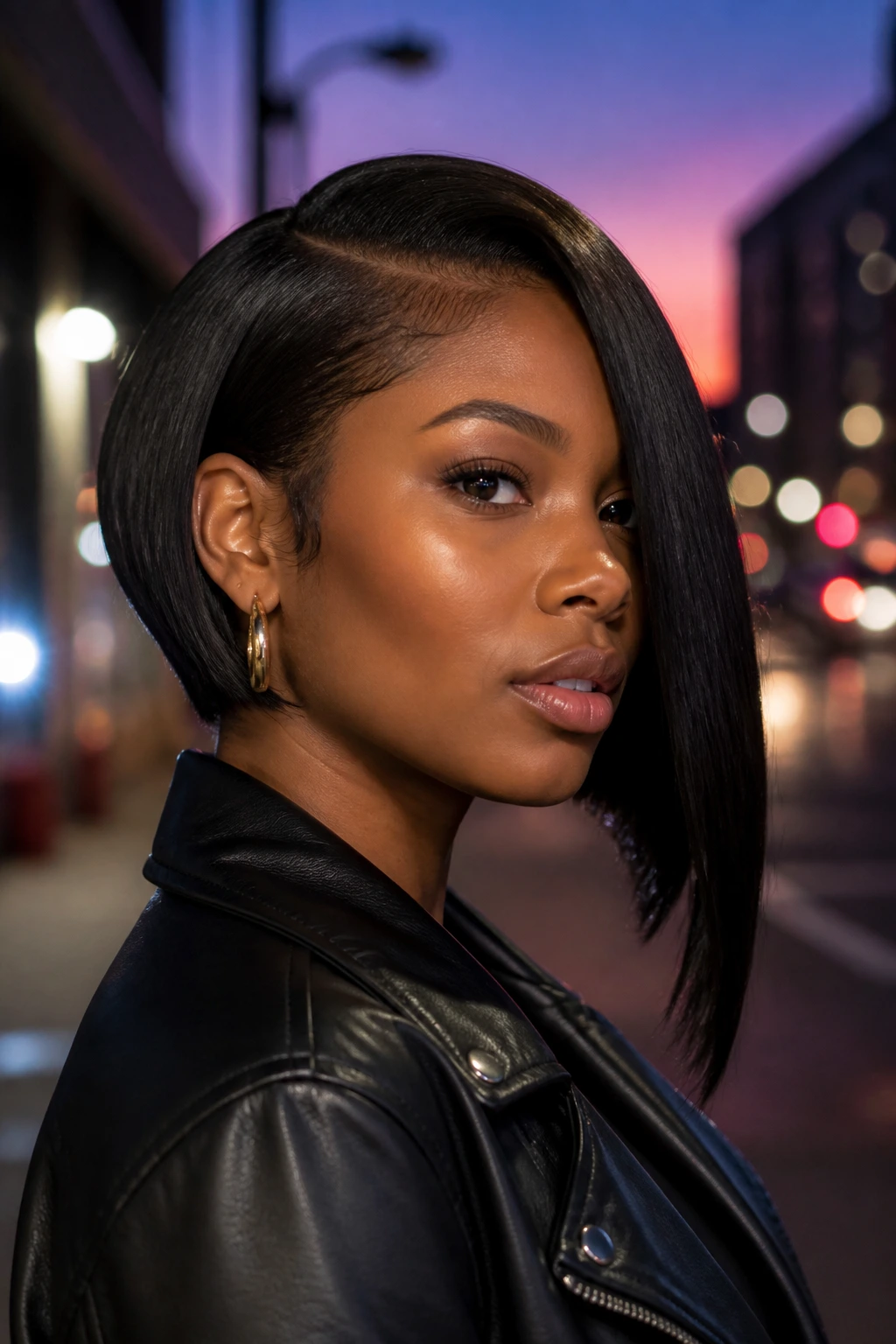 Real Black woman with a deep-angle bob showing bold front length