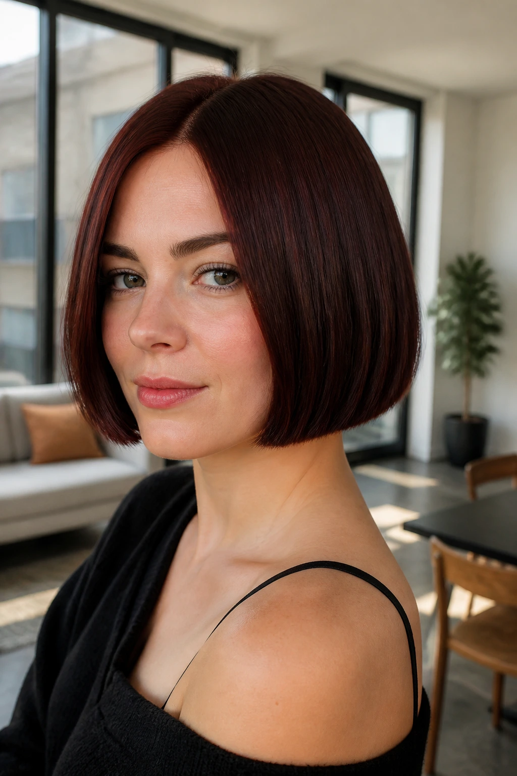 Portrait of a woman with a deep auburn blunt bob in bright daylight