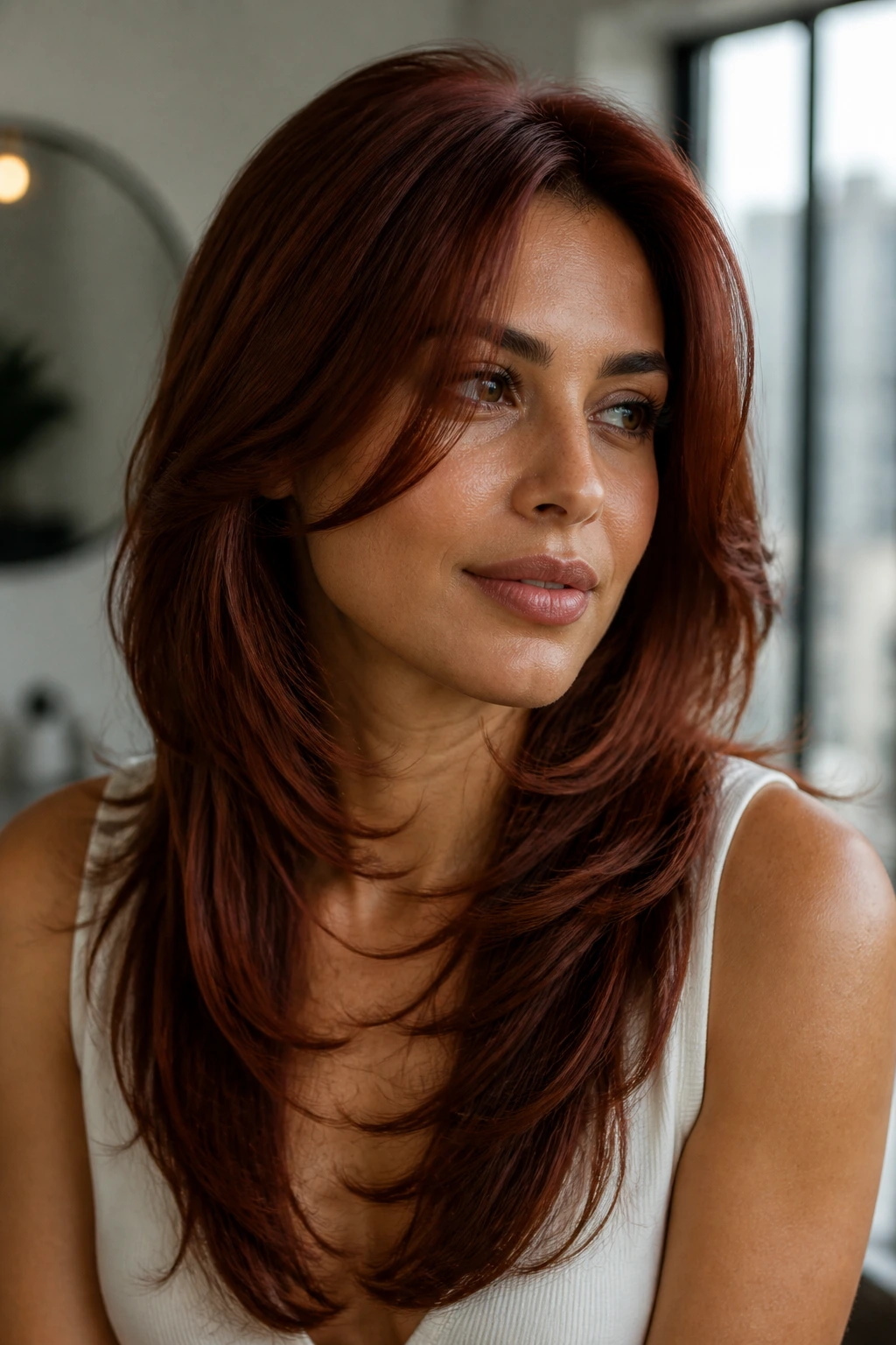 Close-up portrait of a real woman with deep auburn butterfly cut and face-framing layers
