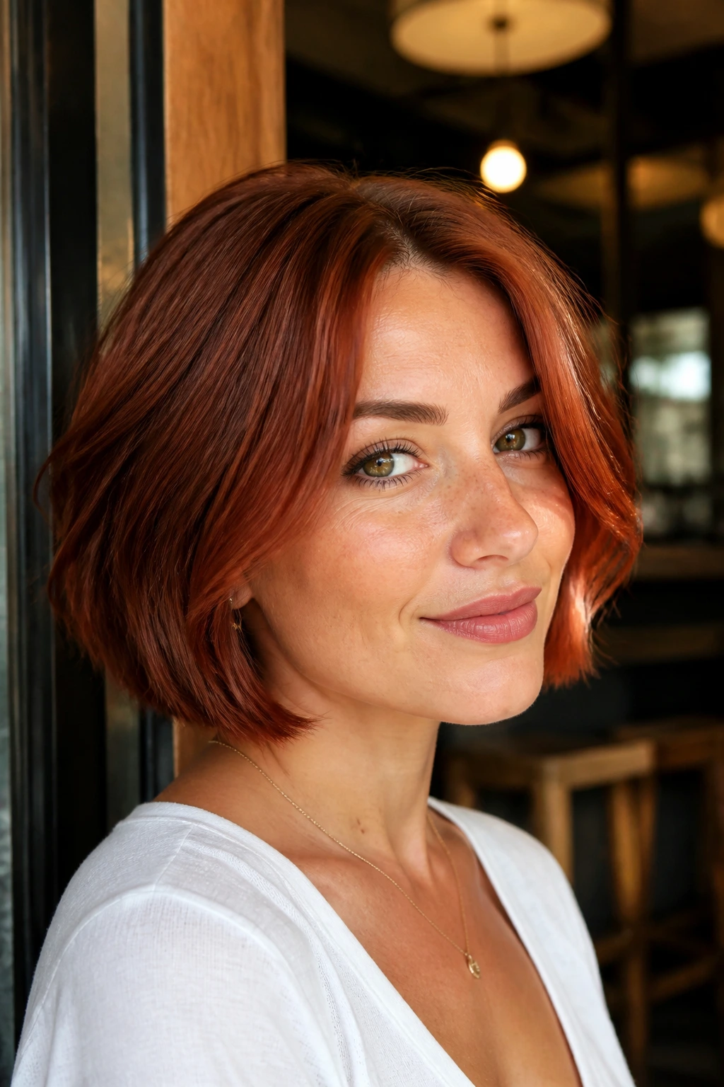 Close-up of a real person with a deep auburn copper bob catching sunlight