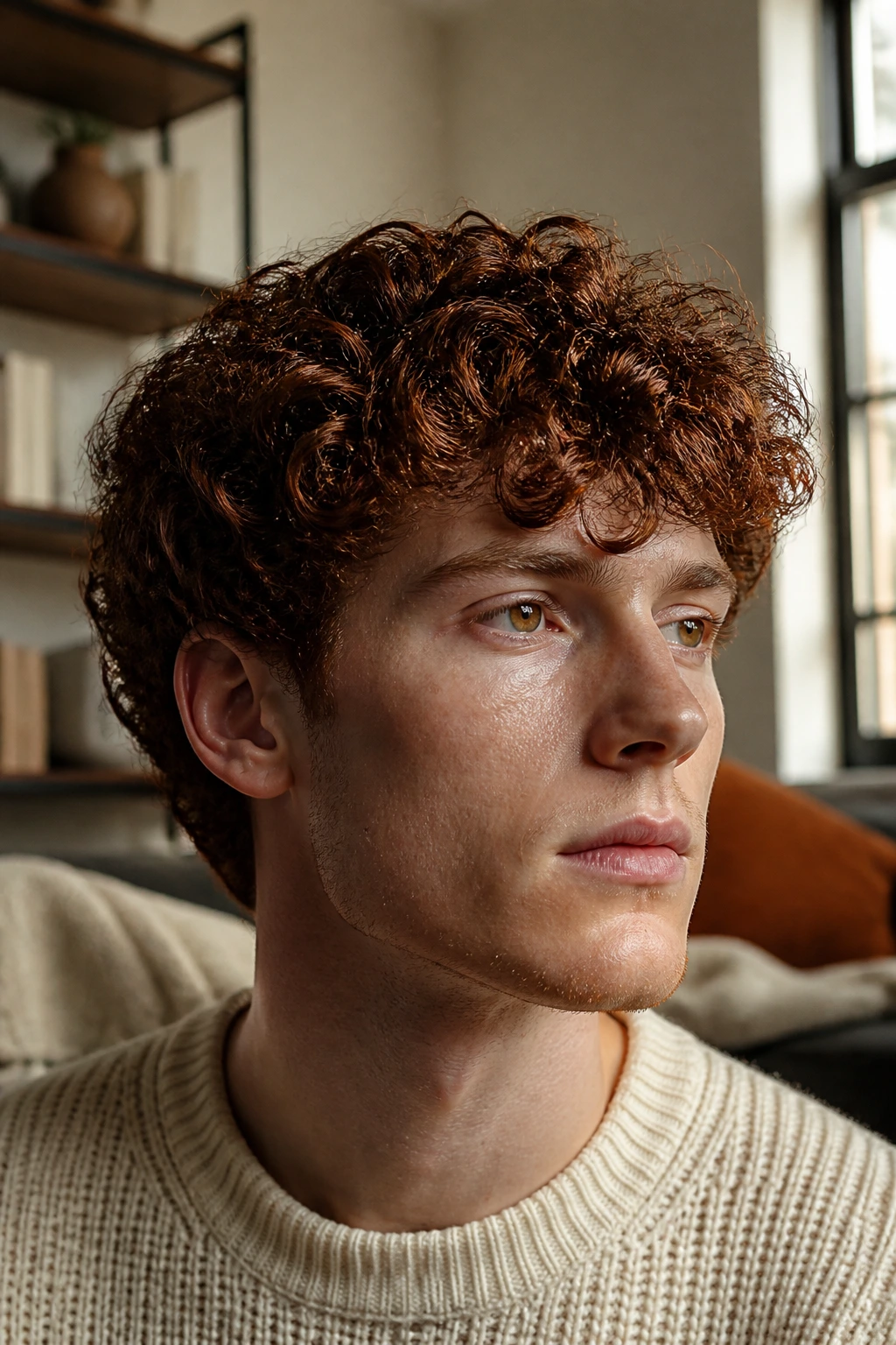 Close-up portrait of a man with deep auburn curls in natural light