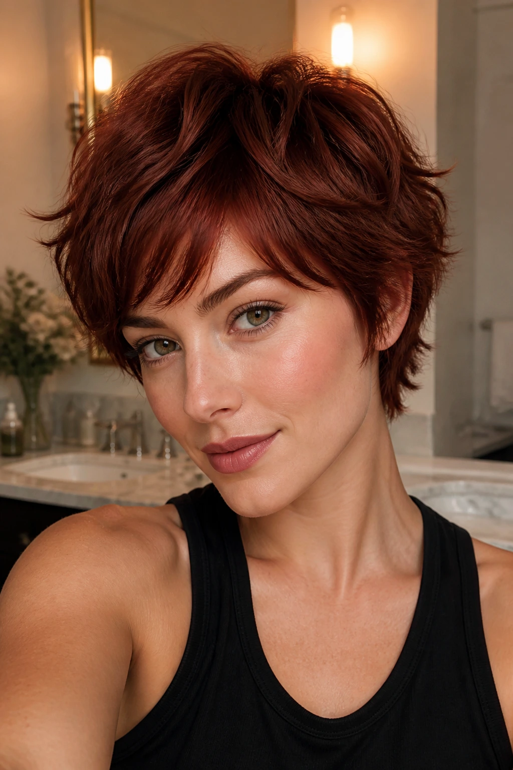 Close-up of real woman with pixie shag in deep auburn