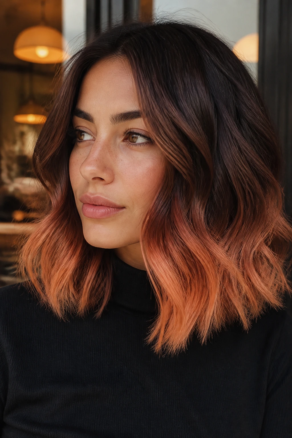 Close-up portrait of shoulder-length hair transitioning from deep brown to peach apricot ends on a real person