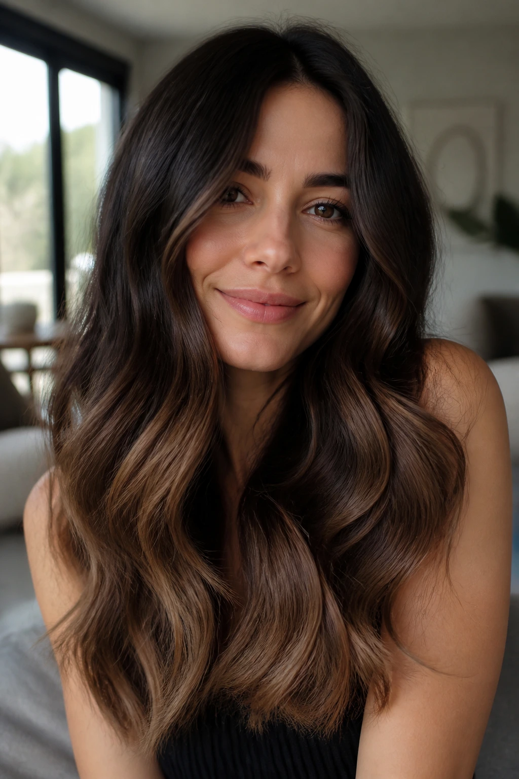 Close-up of deep brunette hair with airy lighter ends