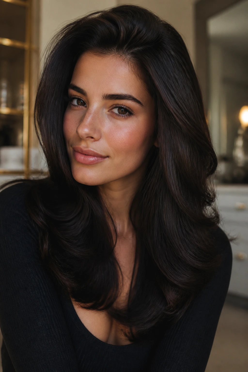 Close-up portrait of deep brunette with a shiny blowout