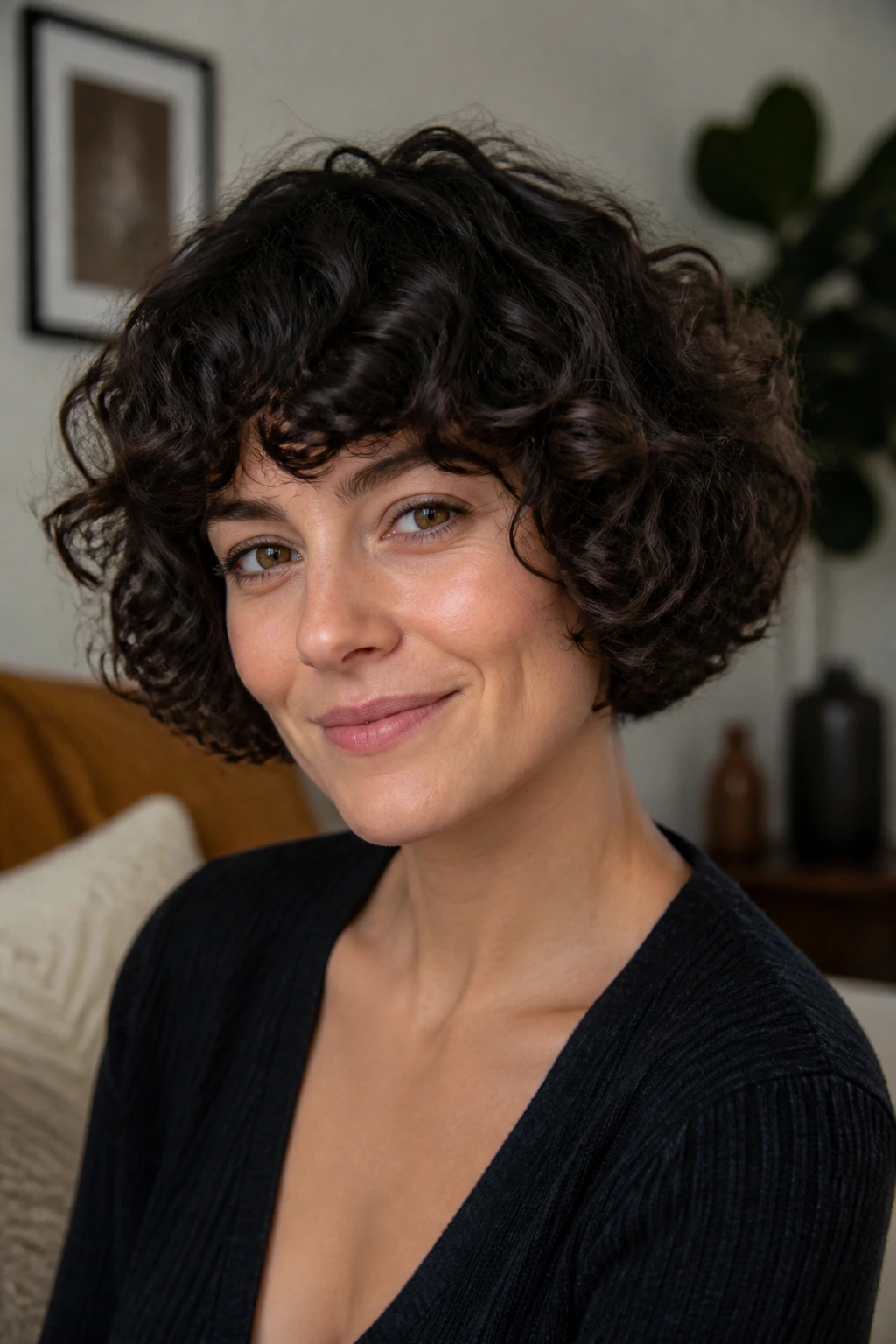 Deep brunette curly bob close-up portrait