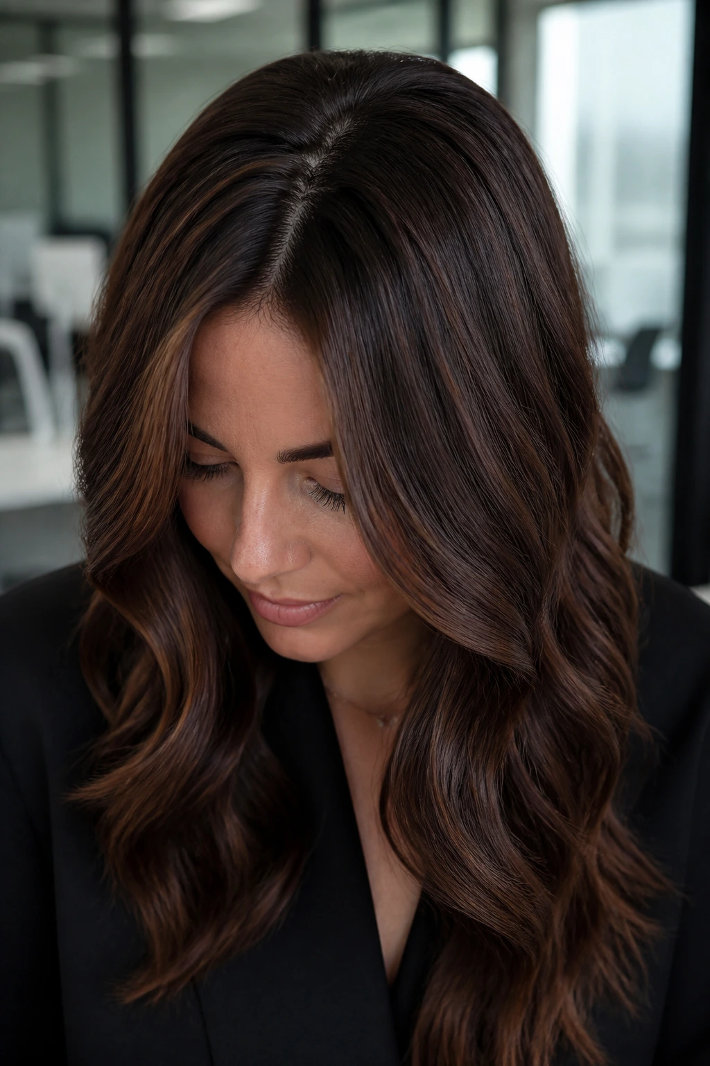 Deep brunette with invisible highlights on wavy hair
