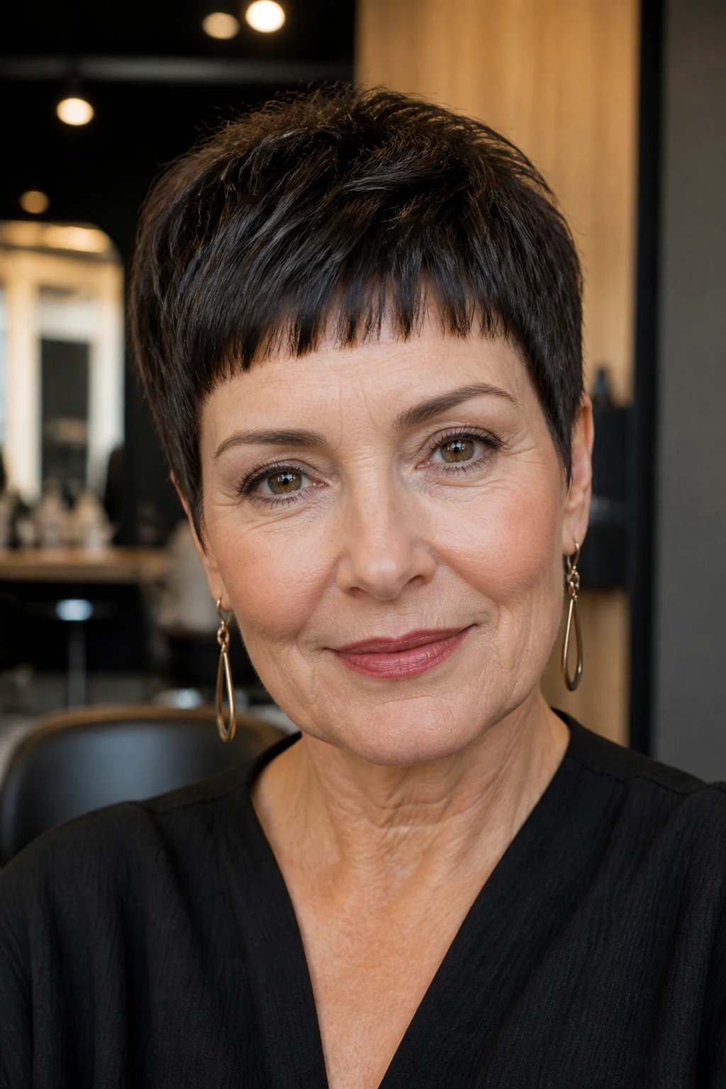 Close-up of a real woman with a deep brunette tapered crop and micro fringe.