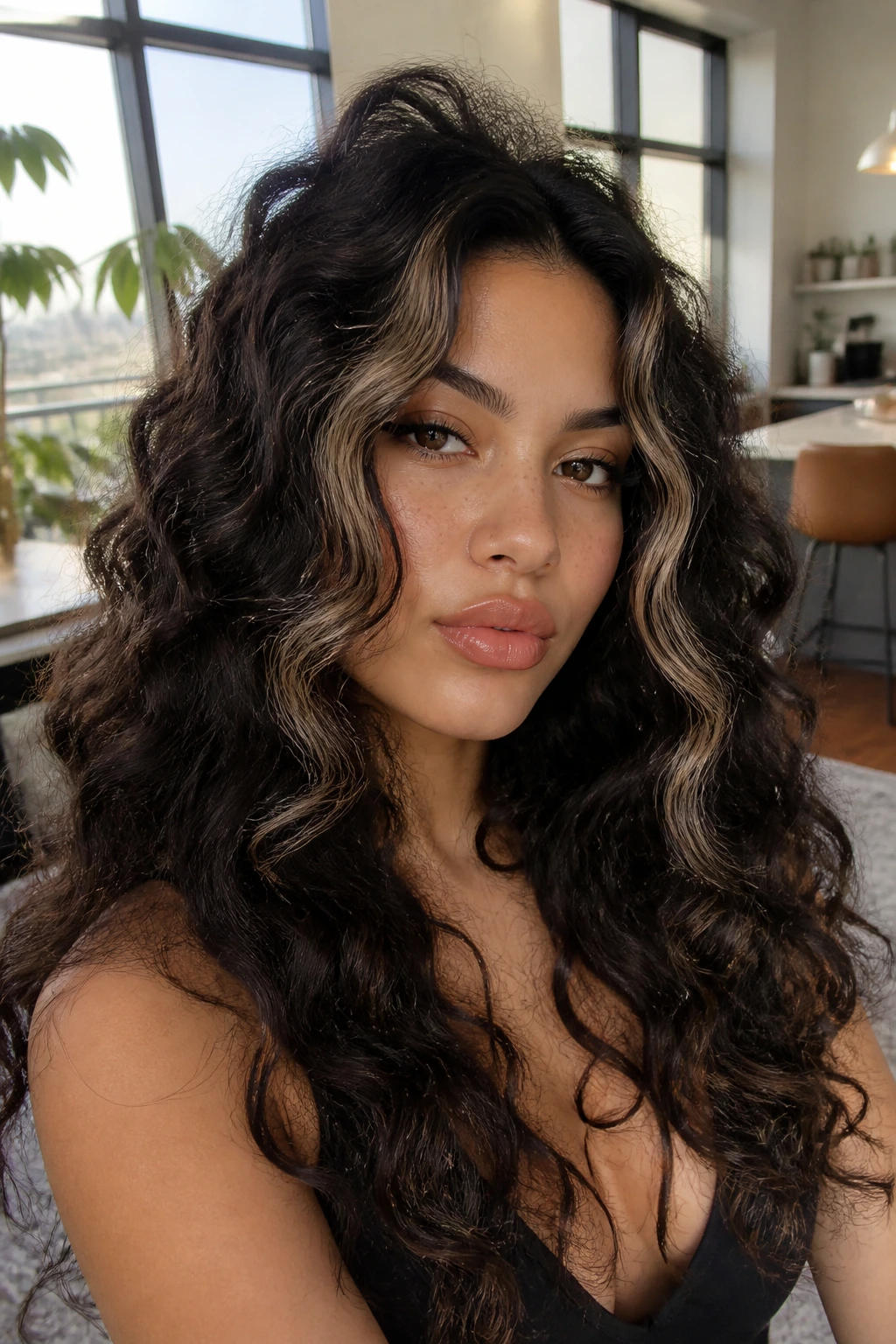 Close-up of a real person with deep brunette hair and glossy money pieces framing the face