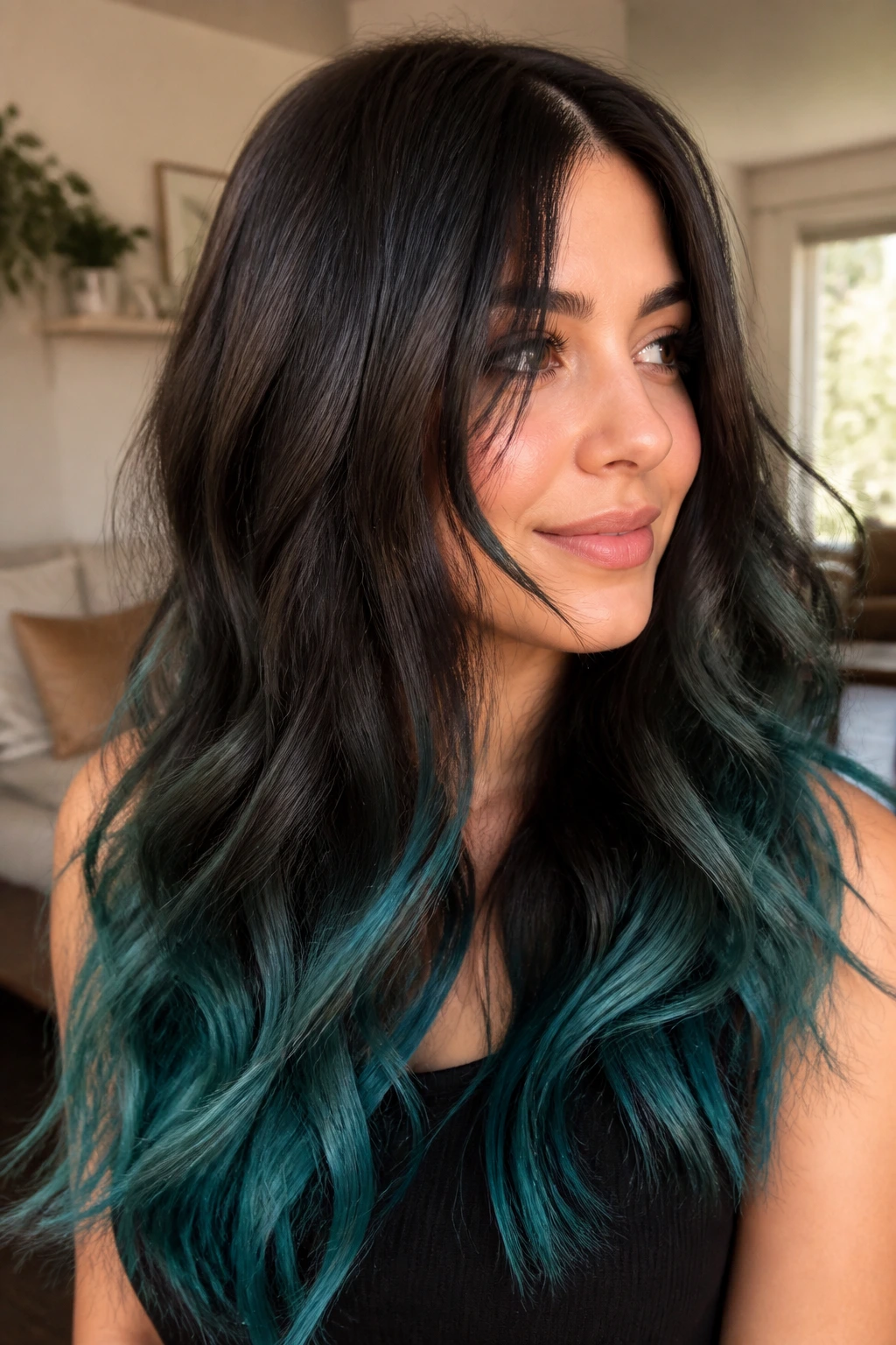 Deep brunette with turquoise tips ombre hair on a real person