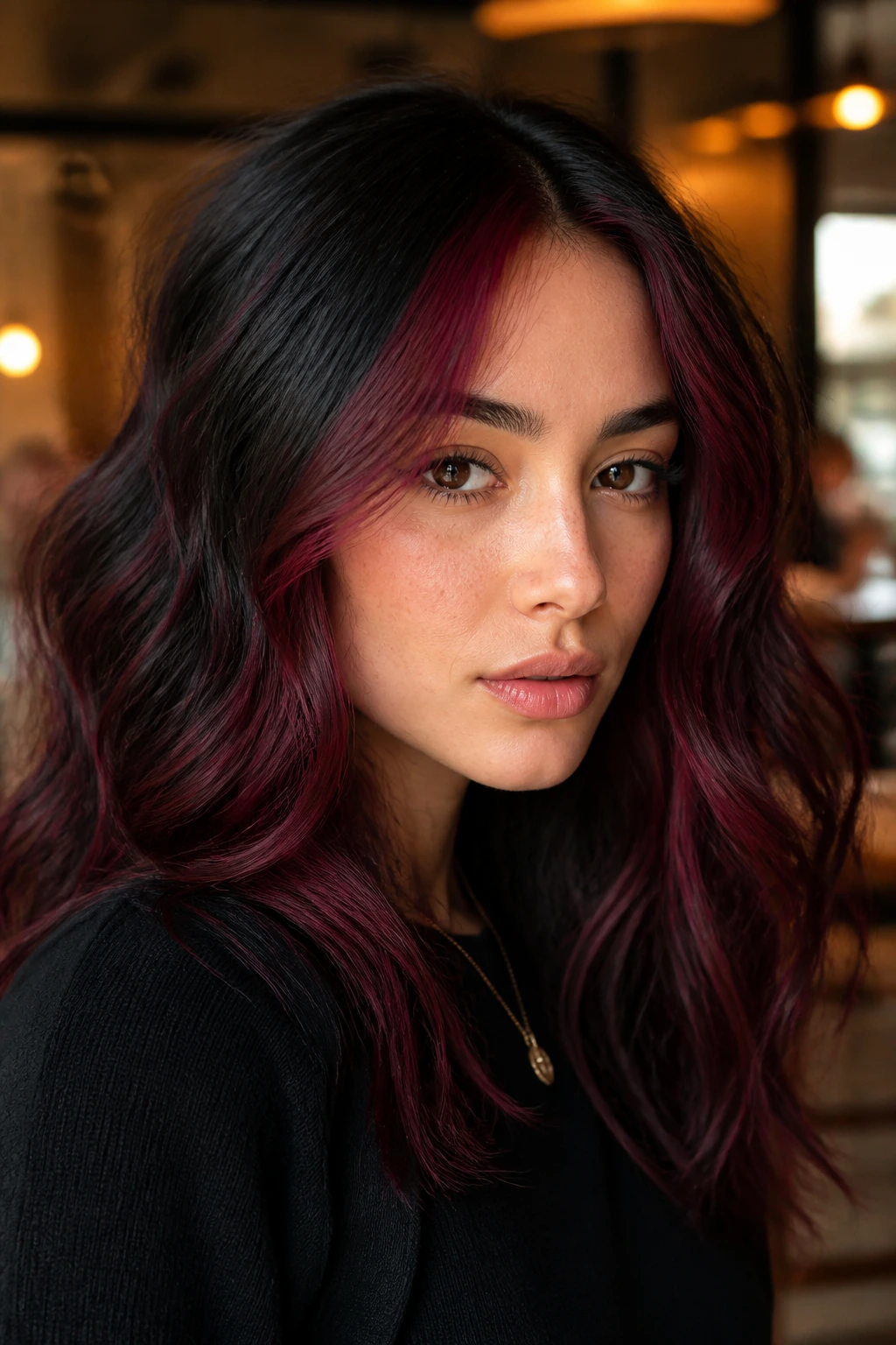 Close-up of woman with deep burgundy front piece on wavy hair