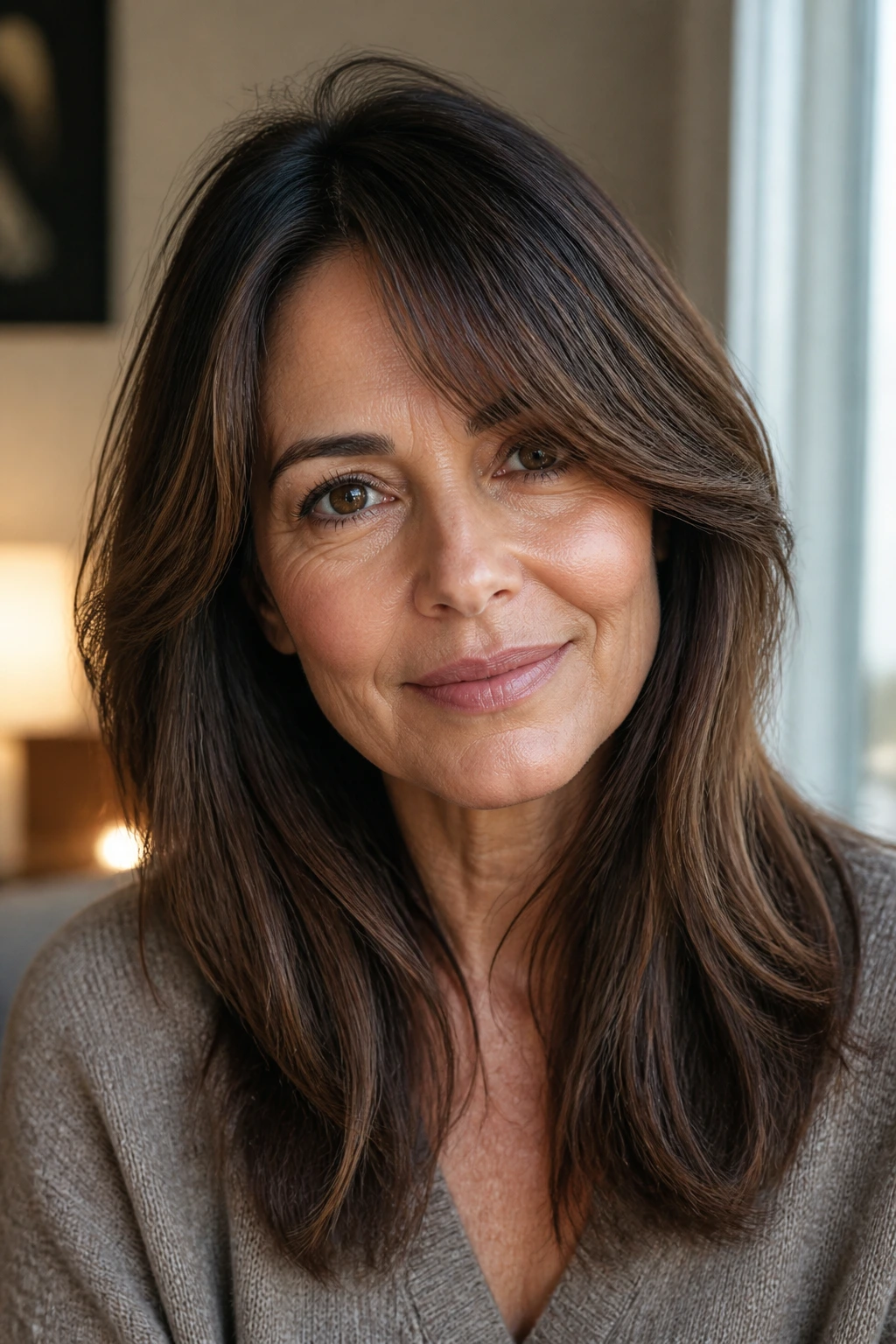 Portrait of a woman with a deep center part curtain bangs