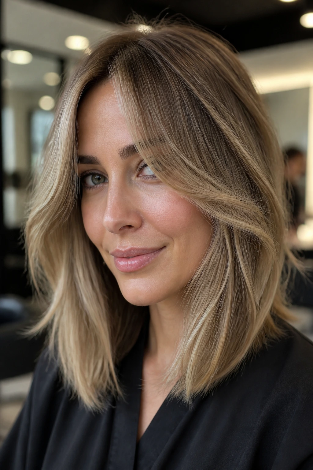 Close-up of a real woman with a deep center-split curtain fringe in a modern salon
