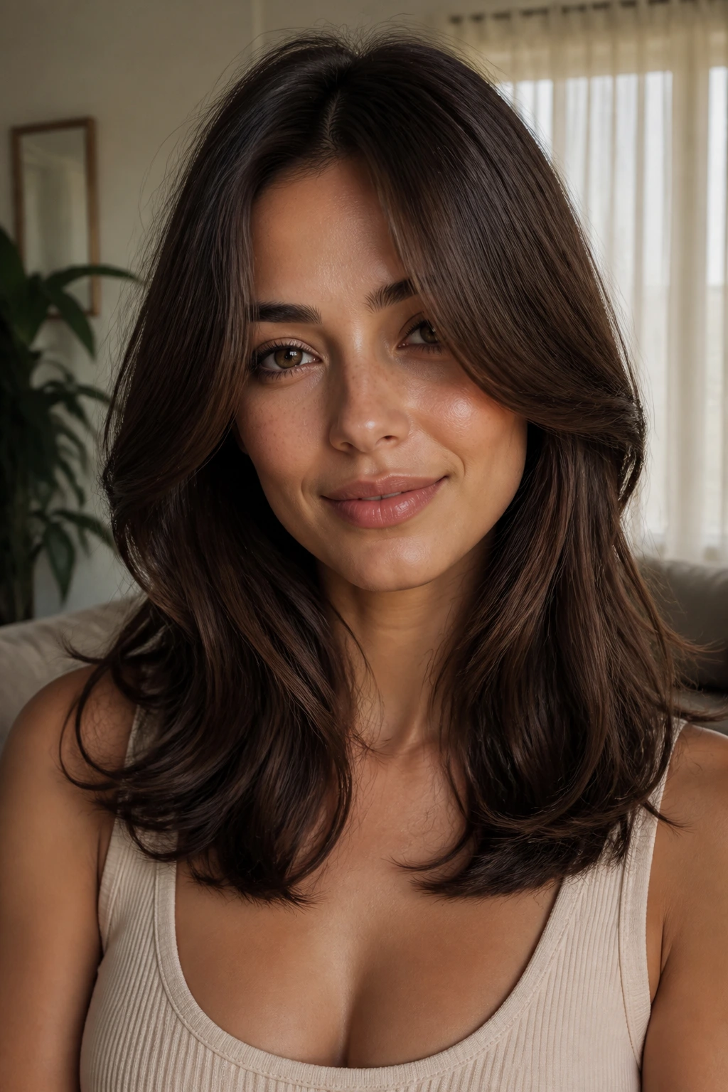 Portrait of a person with deep chestnut hair and soft curtain pieces framing the face
