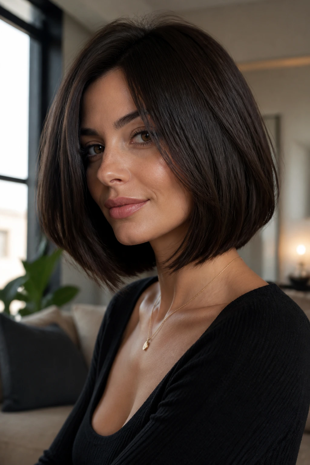 Portrait of a woman with a deep chocolate bob showing invisible layers, light movement on the surface.