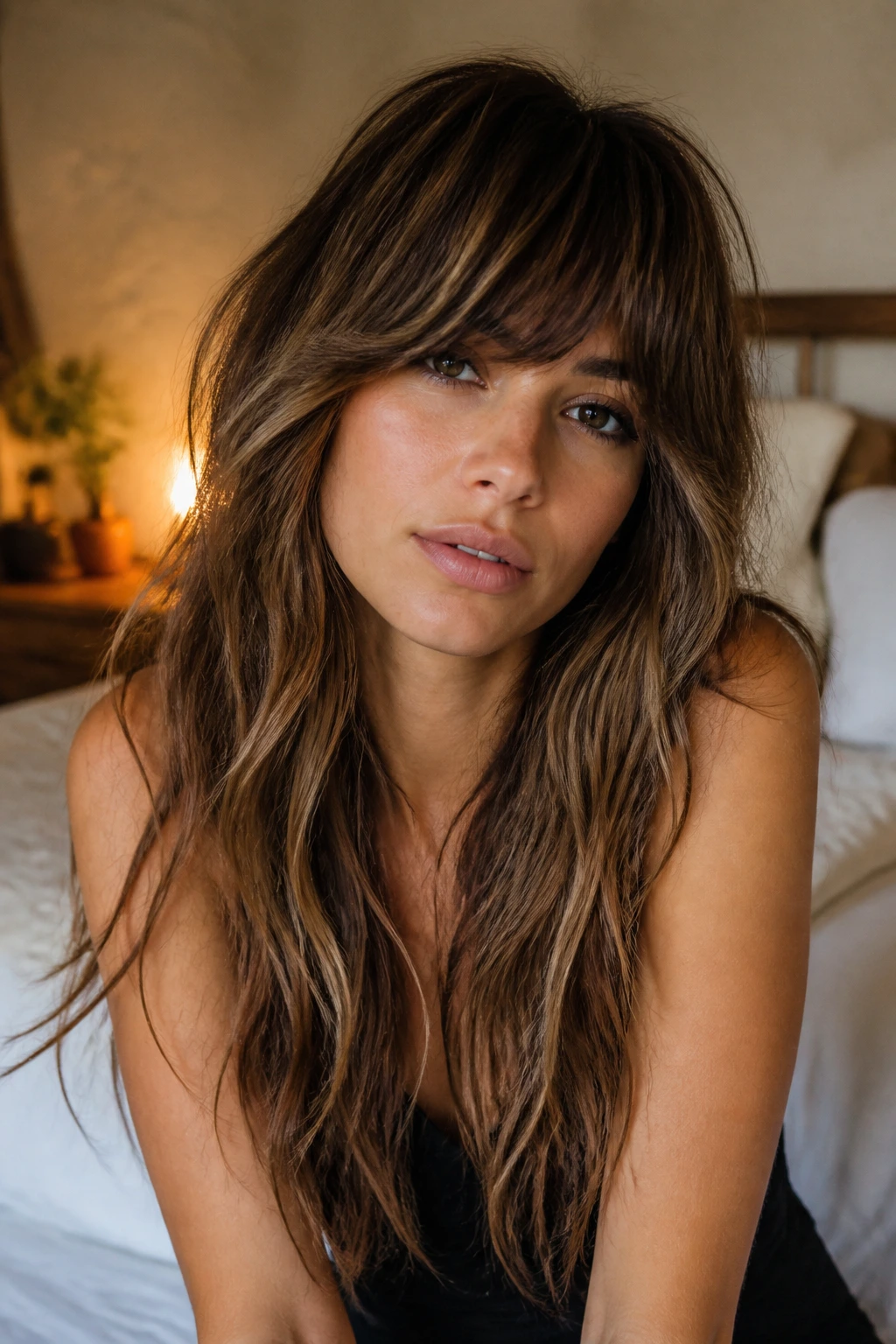 Close-up portrait of a real woman with deep fringe long shag and soft side pieces