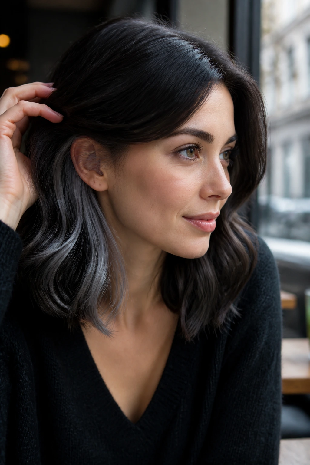 Close-up of a dark-haired woman showing deep gray underlights near the ear