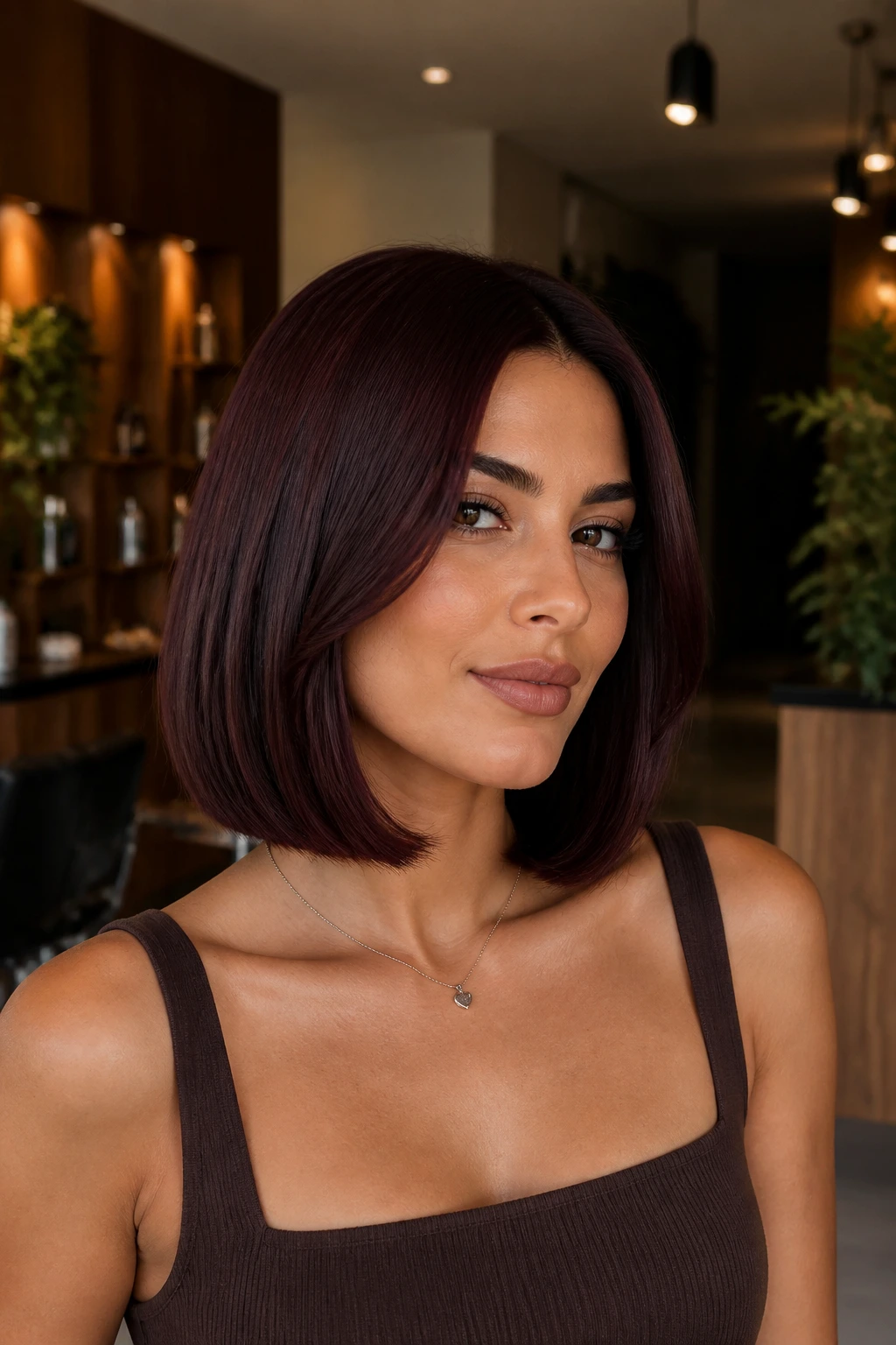 Close-up portrait with deep mahogany lob hair color