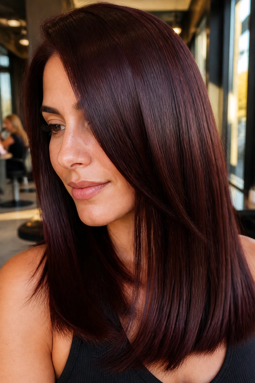 Close-up of a real woman with deep mahogany sleek hair in glossy blowout, warm salon light.