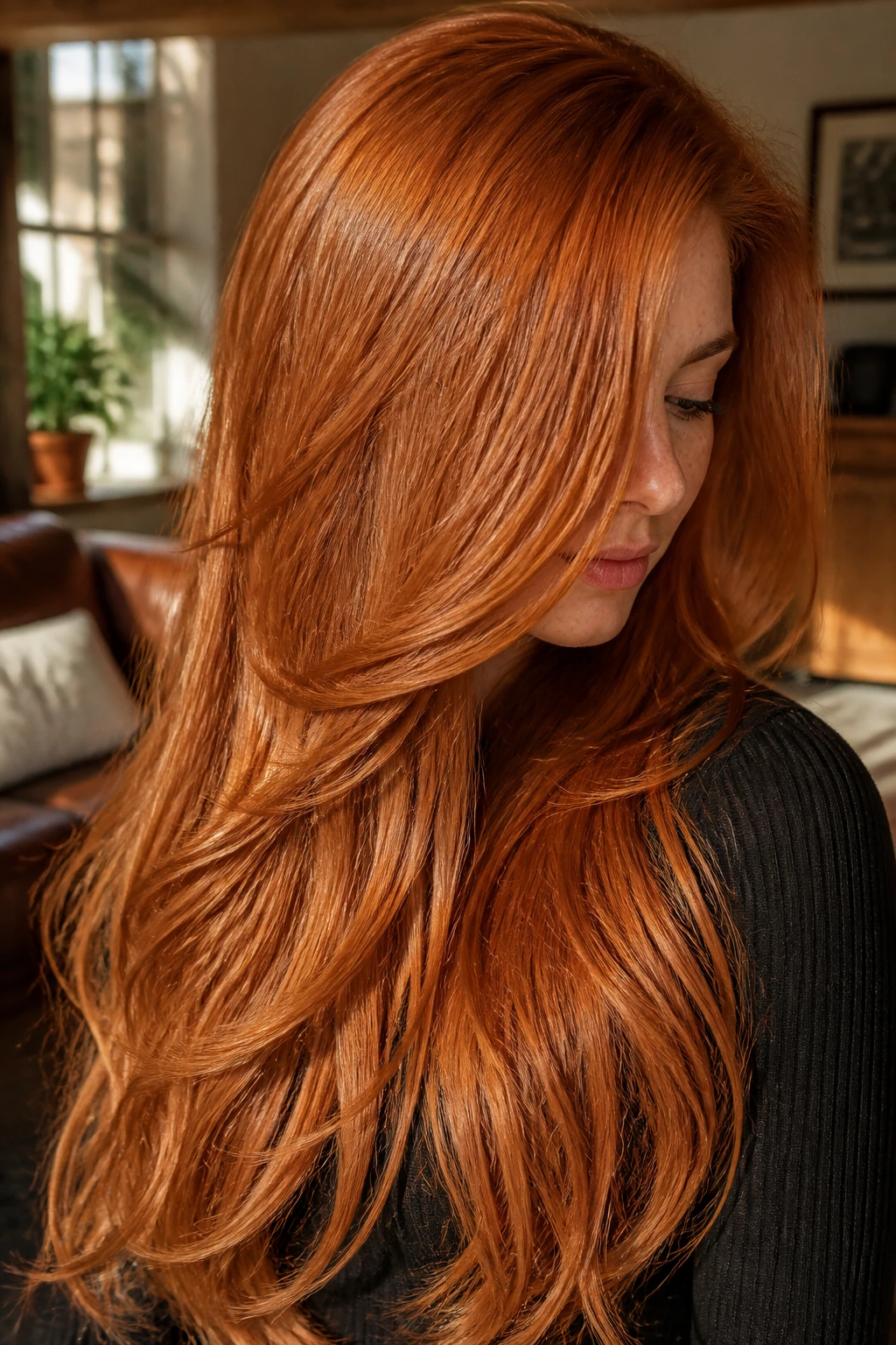 Close-up of deep marigold copper hair with bold golden tones