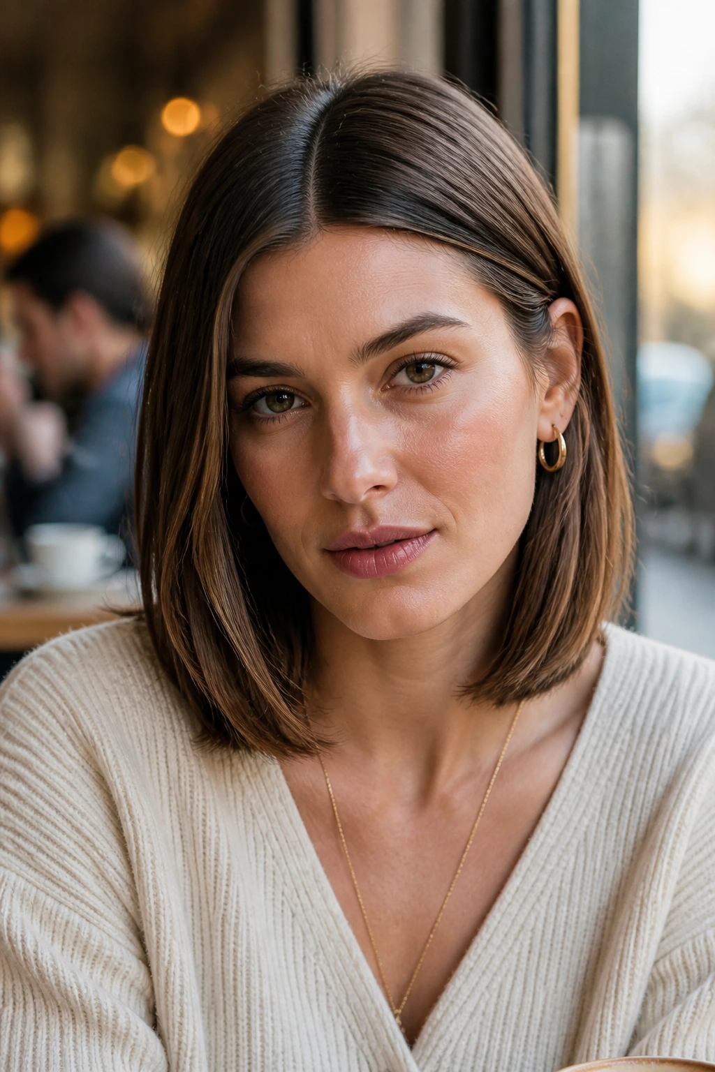 Woman with a deep middle-part lob and subtle end bend in natural light
