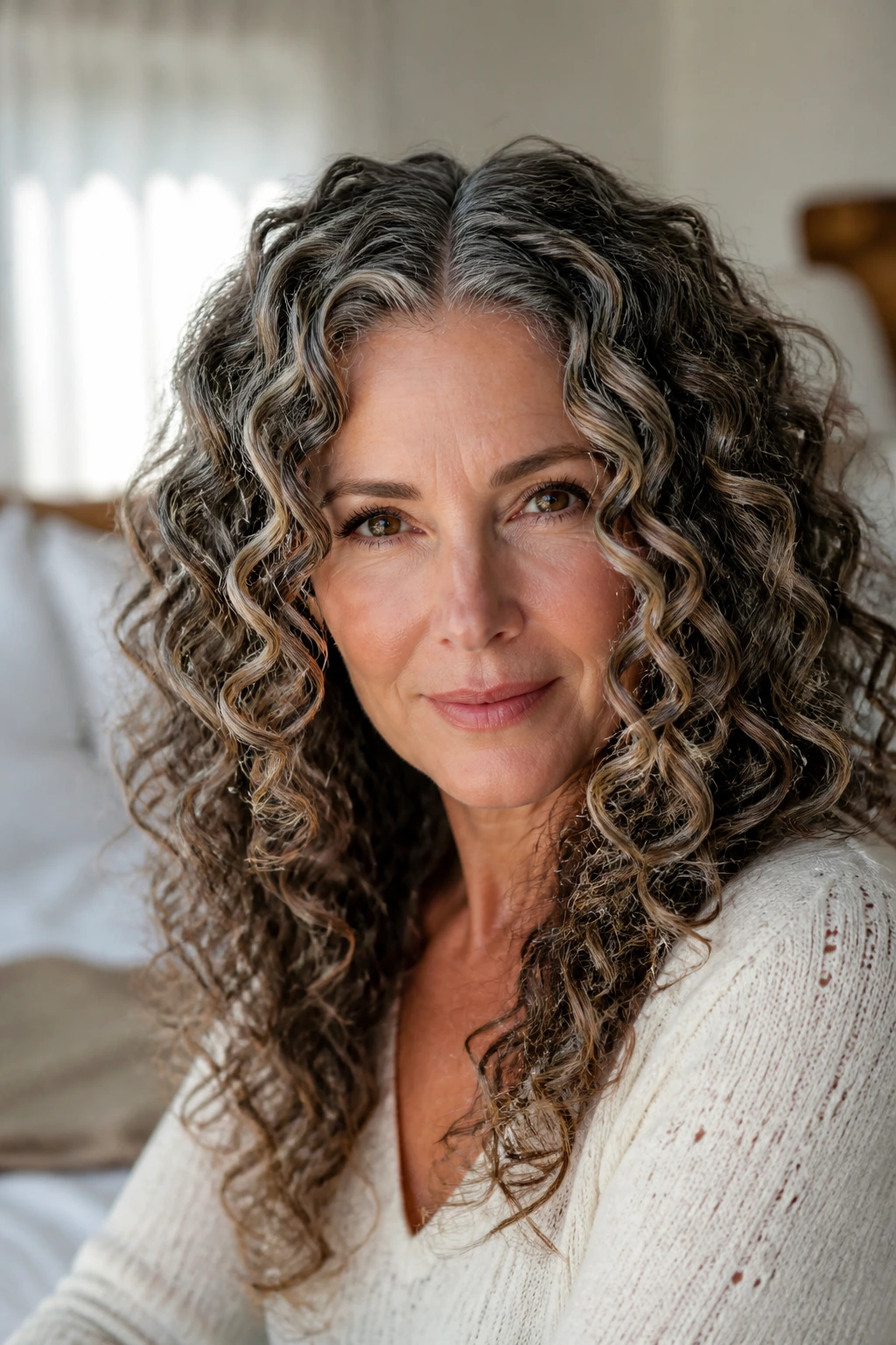 Real woman with deep middle part and sculpted ringlets in bright natural light