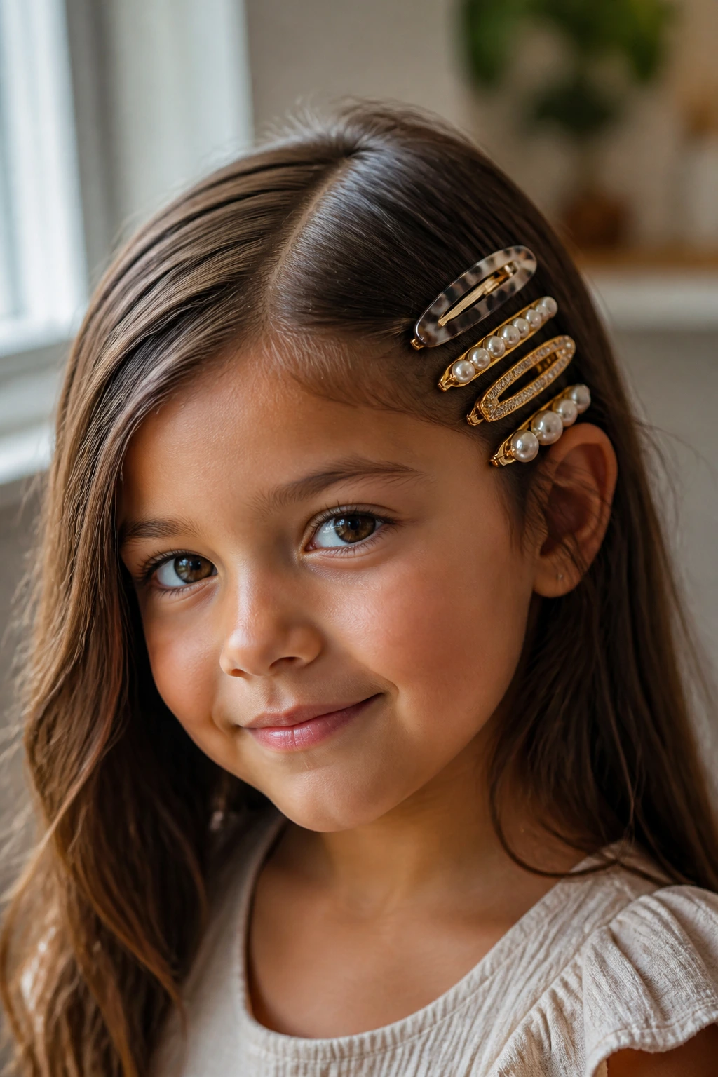Close-up of brunette child with deep side part and barrettes
