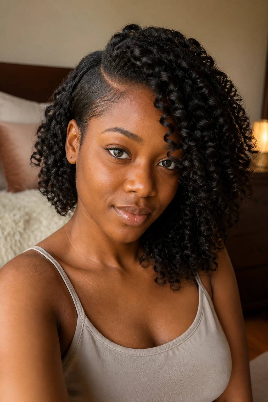 Close-up of a woman with a deep-part side-swept curl hairstyle