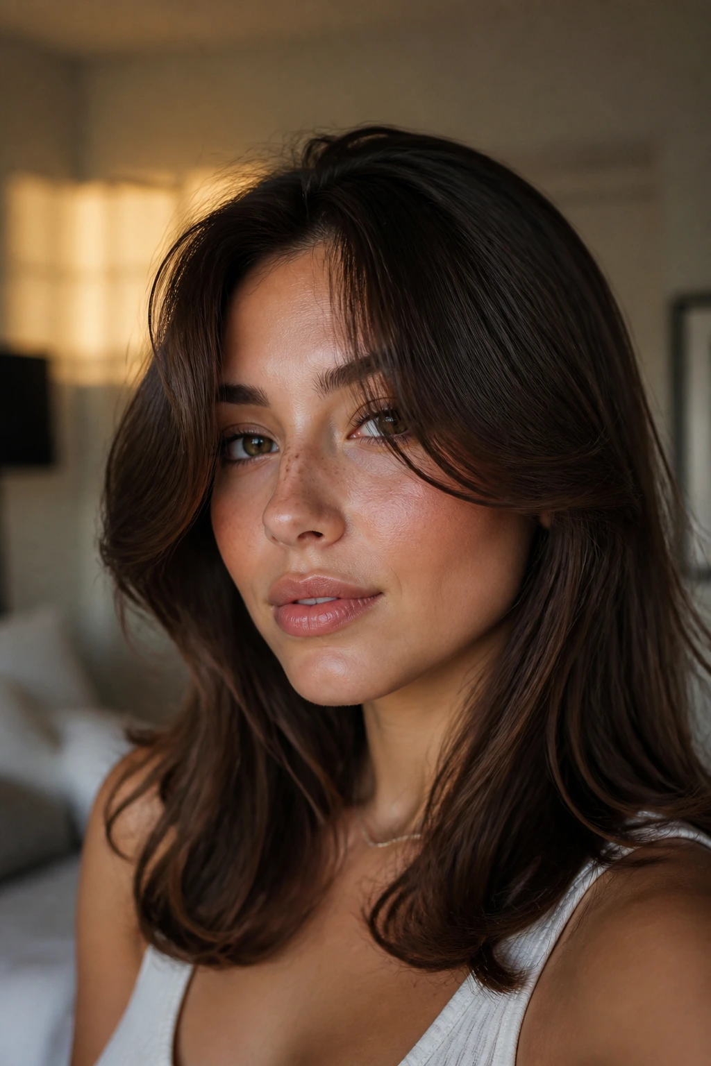 Close-up portrait of a real woman with a deep-part curtain hybrid fringe.